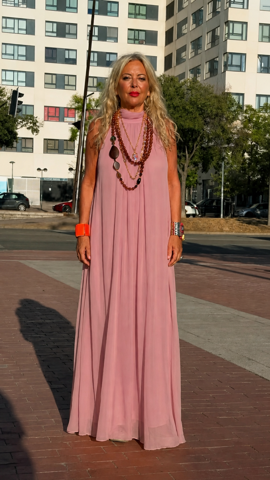 Front full-length view of woman wearing dusty rose high neck sleeveless chiffon maxi dress