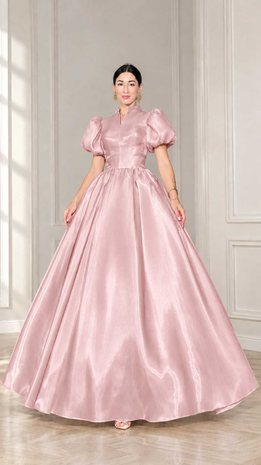 Blush pink puff sleeve satin evening ball gown