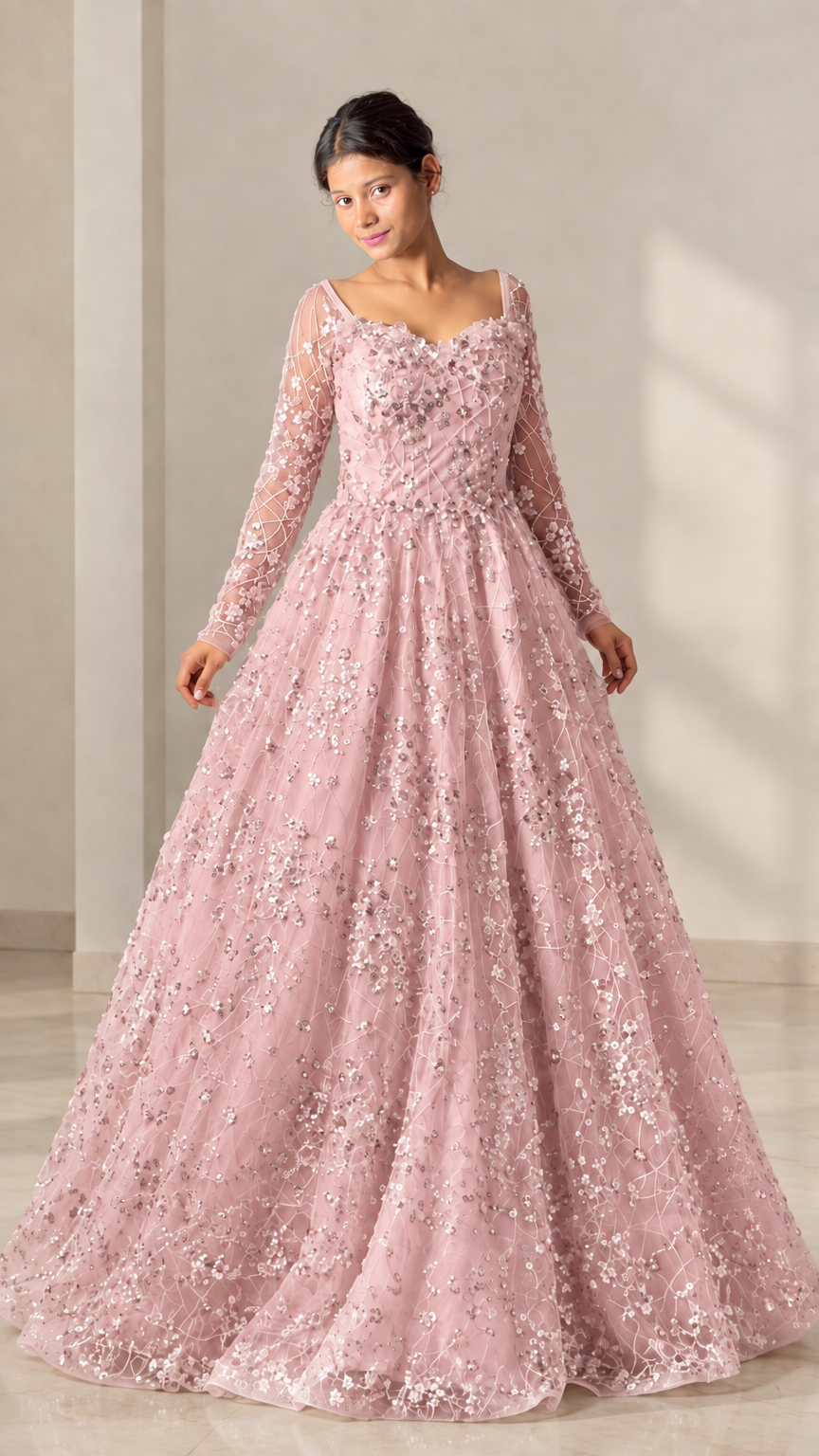 Dusty pink long sleeve floral embellished evening ballgown