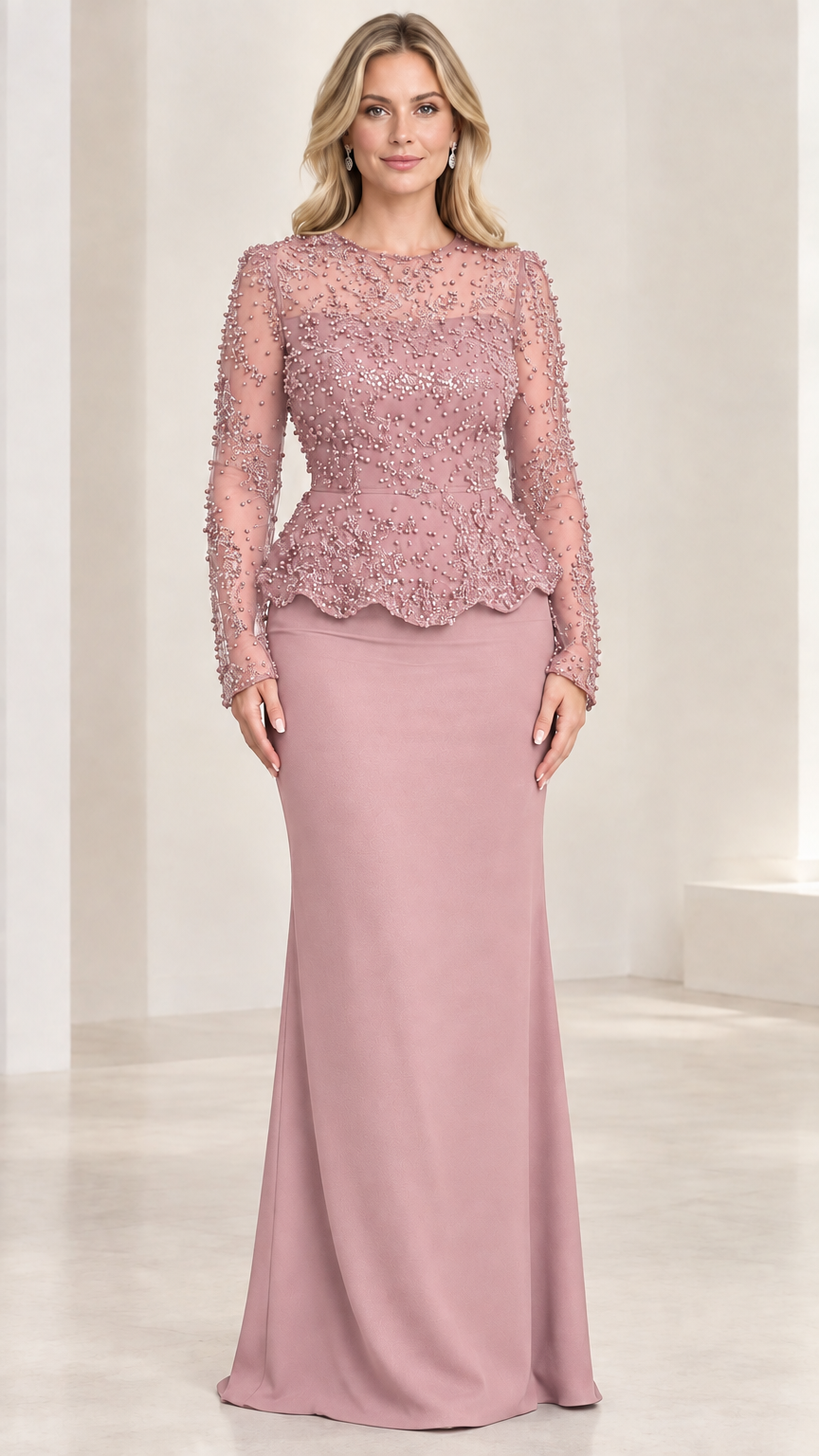 Front view of dusty rose long sleeve sequin peplum evening gown
