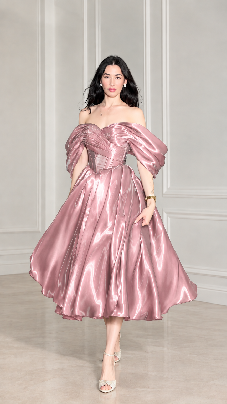 Model wearing blush pink off-shoulder corset satin midi dress