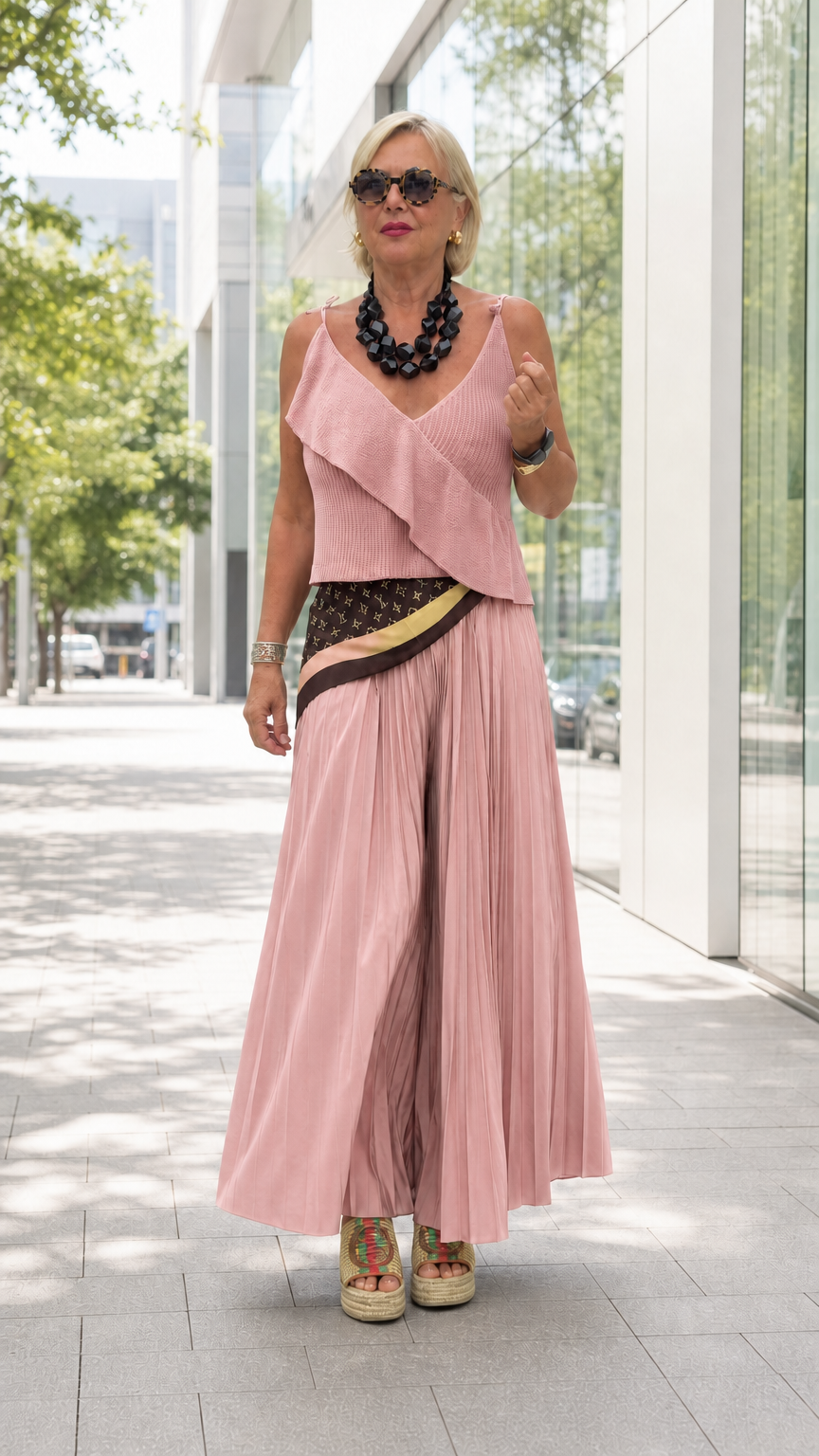 Full front view of dusty pink ruffle camisole and pleated wide-leg pants two-piece set