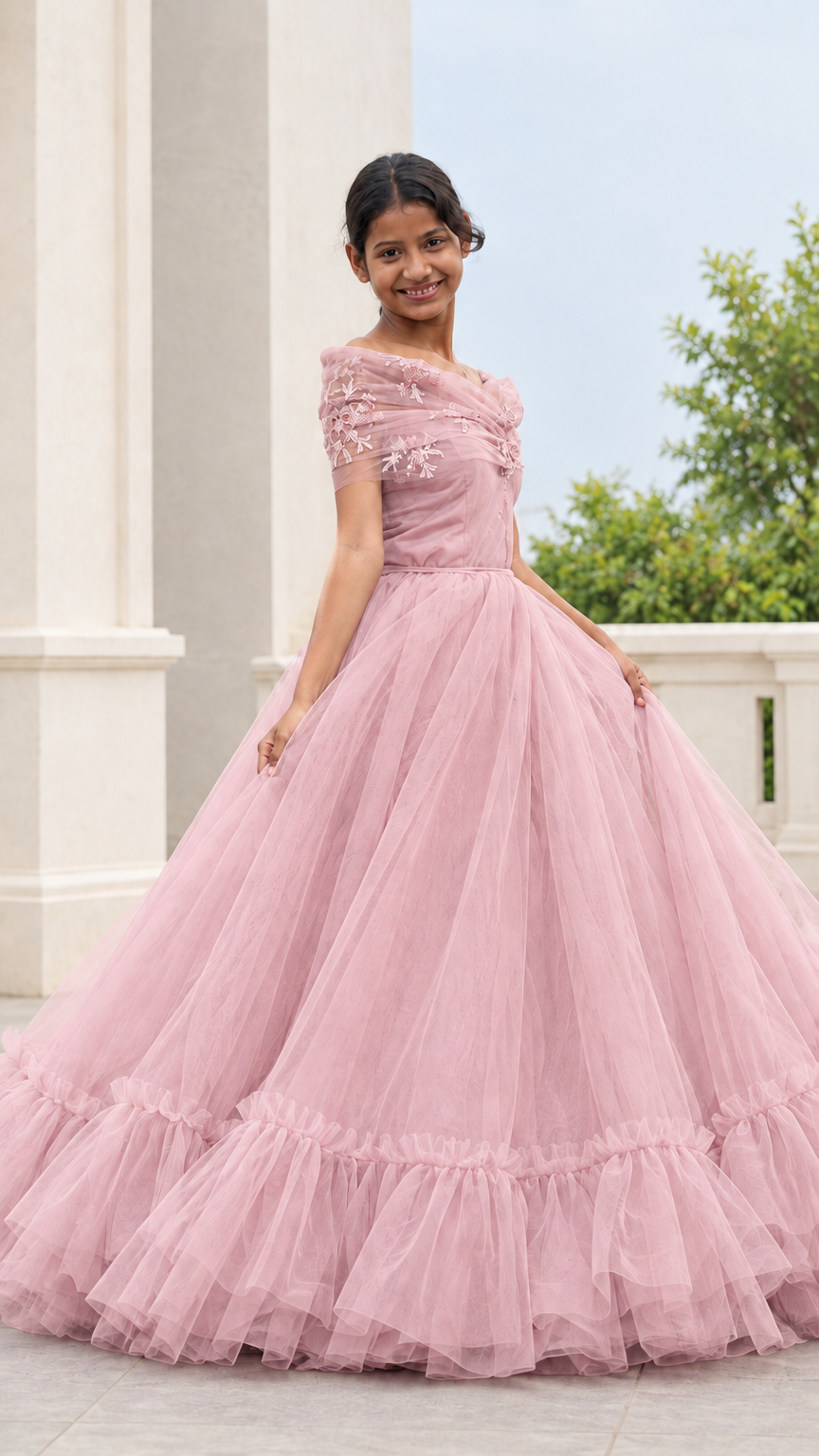 Full front view of a woman wearing a dusty pink embroidered tulle ball gown