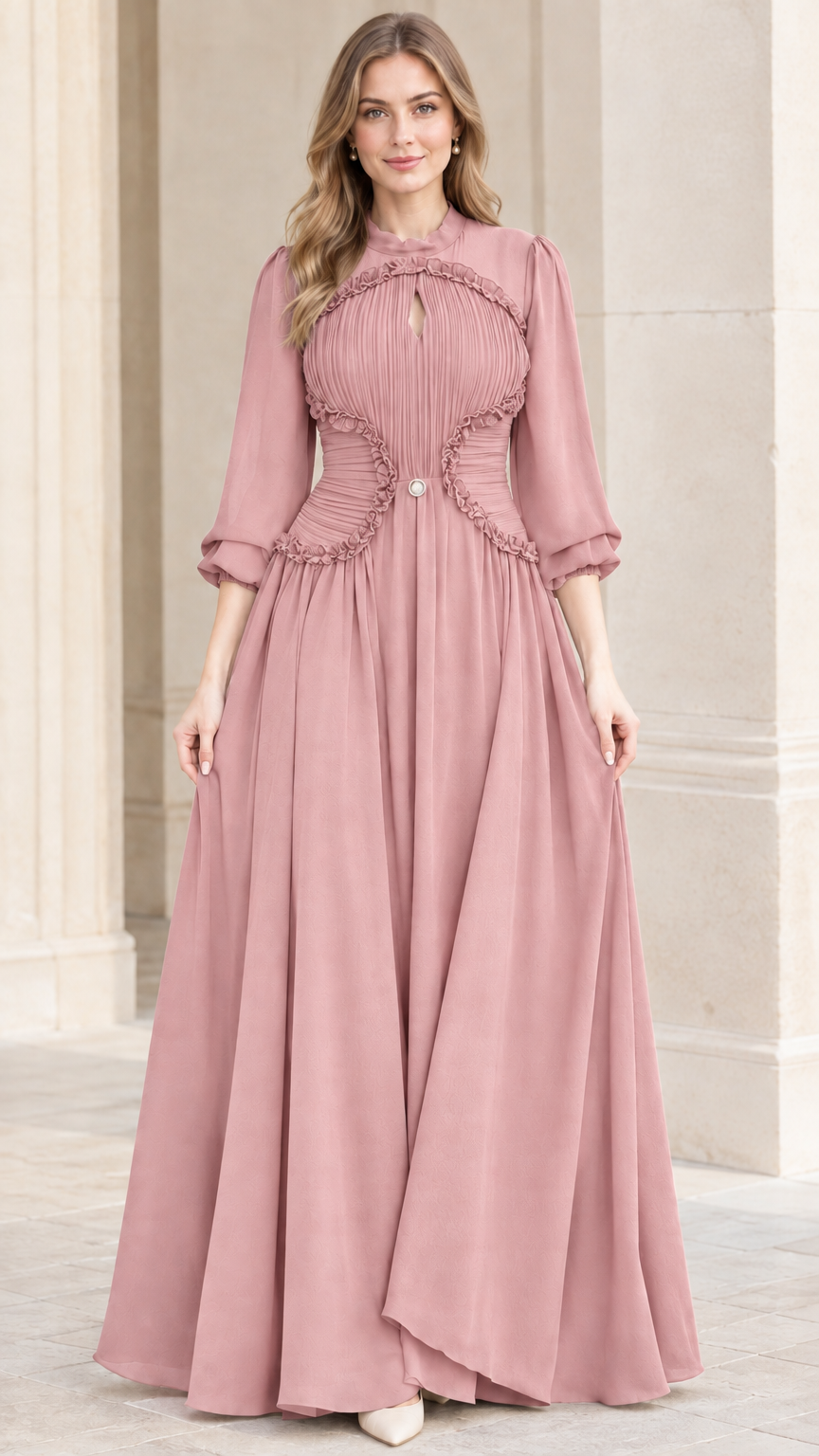 Dusty pink long sleeve pleated evening maxi dress front view