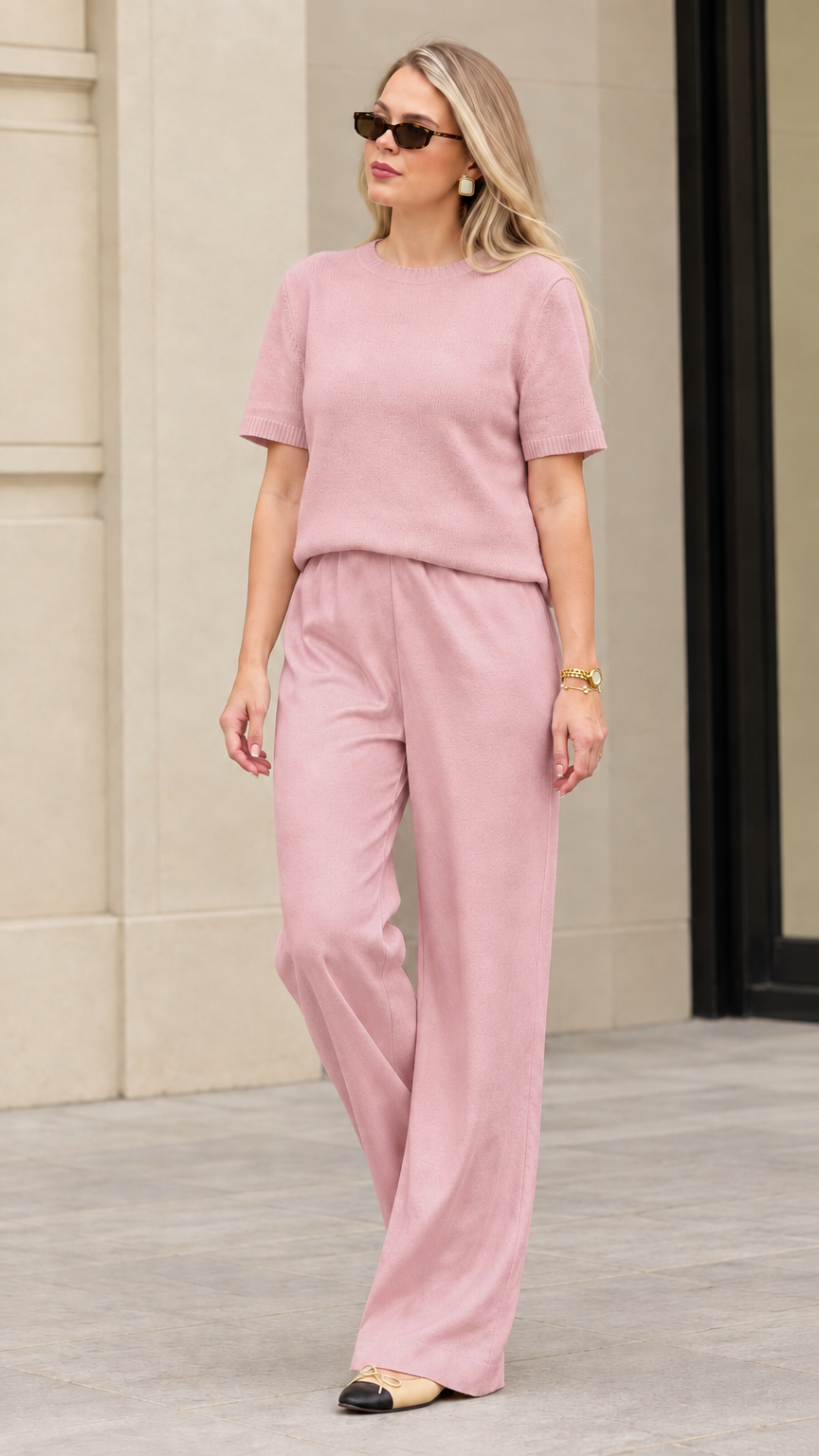 Women's dusty pink textured knit short sleeve top and wide leg trouser set