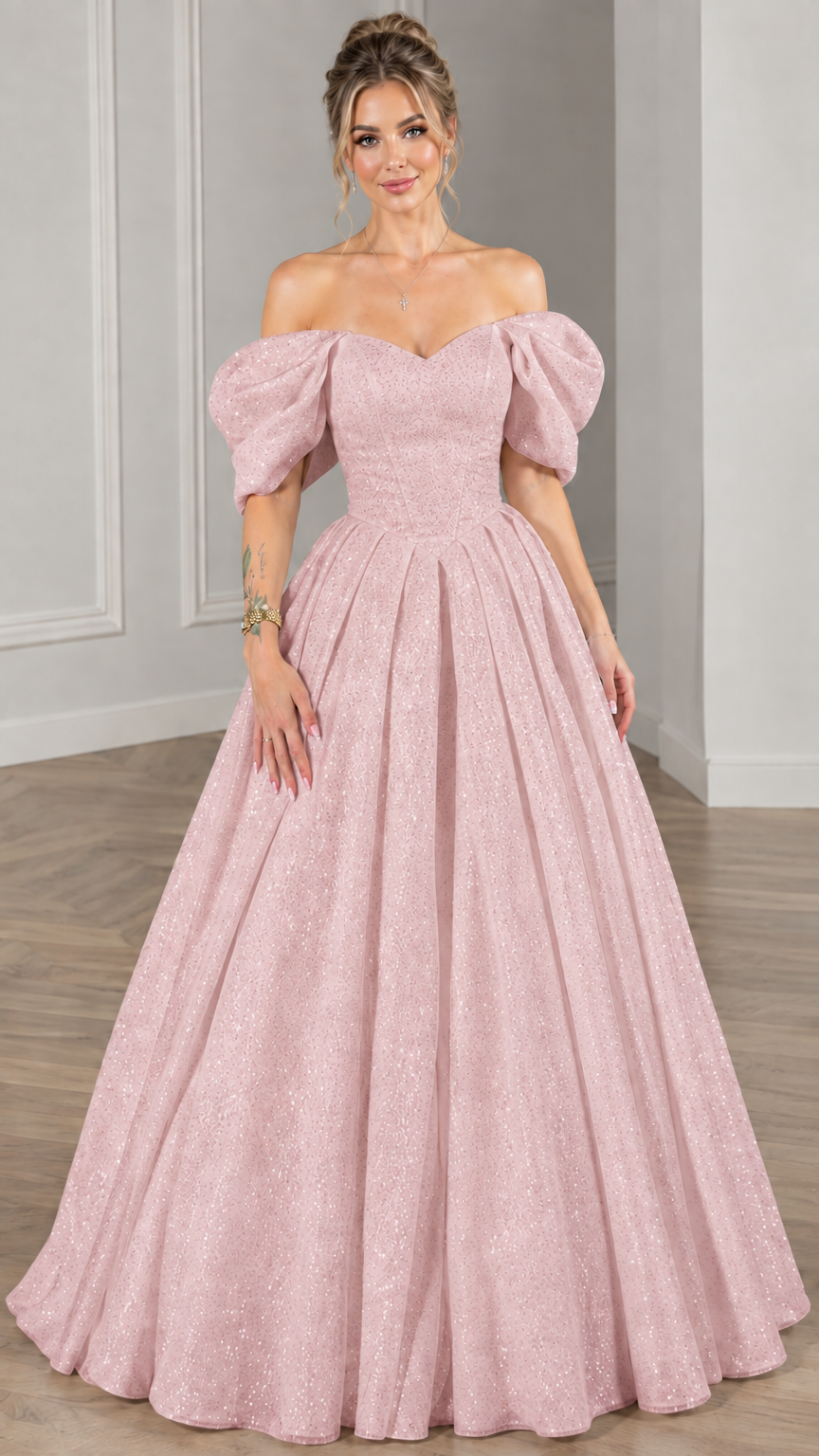 Model wearing blush pink glitter off-the-shoulder evening gown