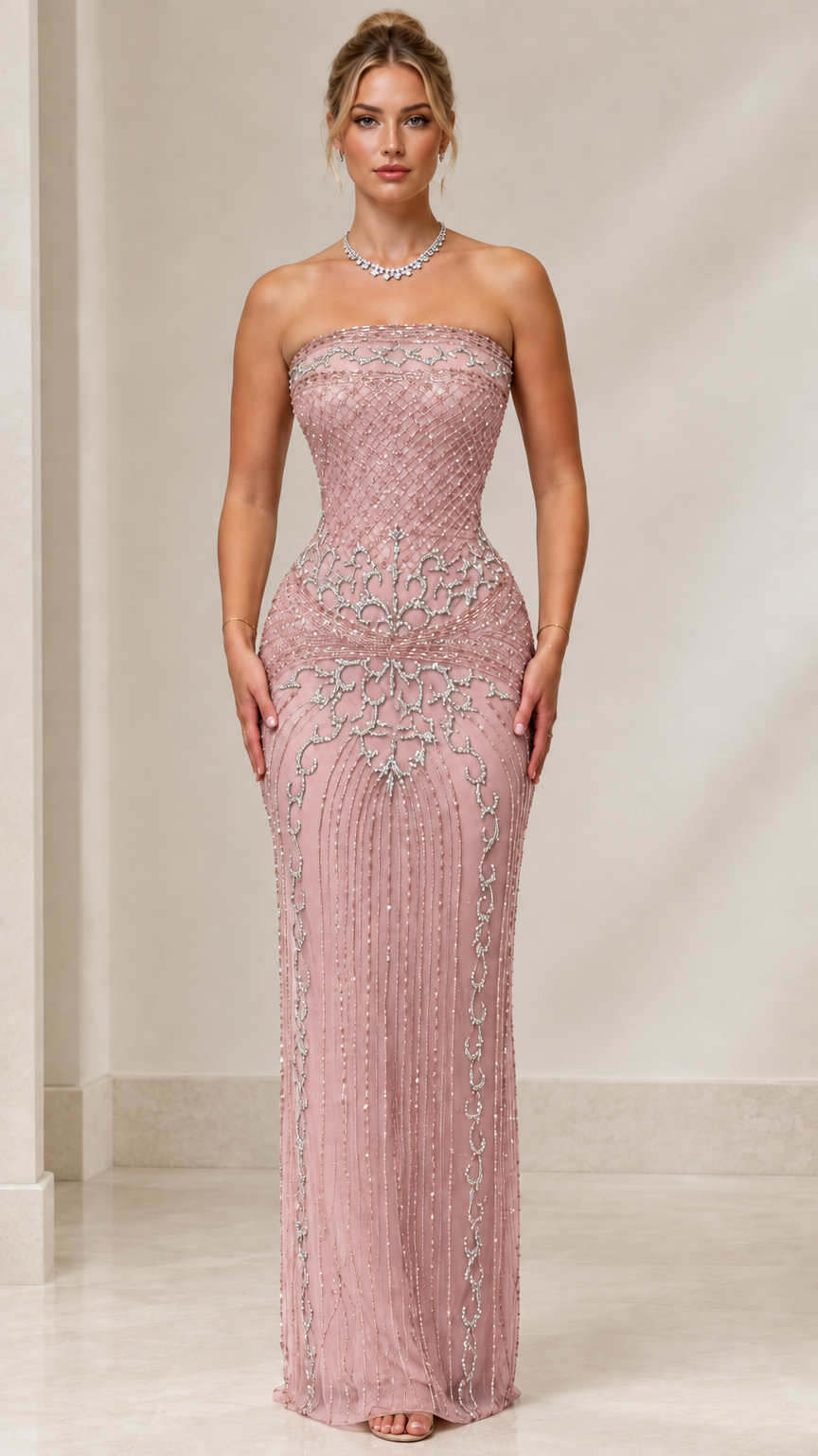 Front view of blush pink strapless beaded evening gown