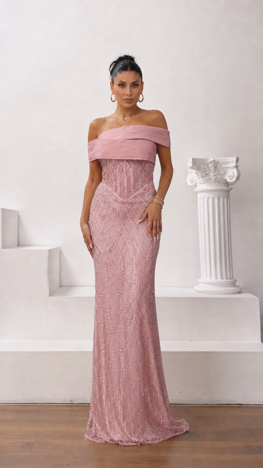 Model wearing dusty pink off-the-shoulder sequined evening gown
