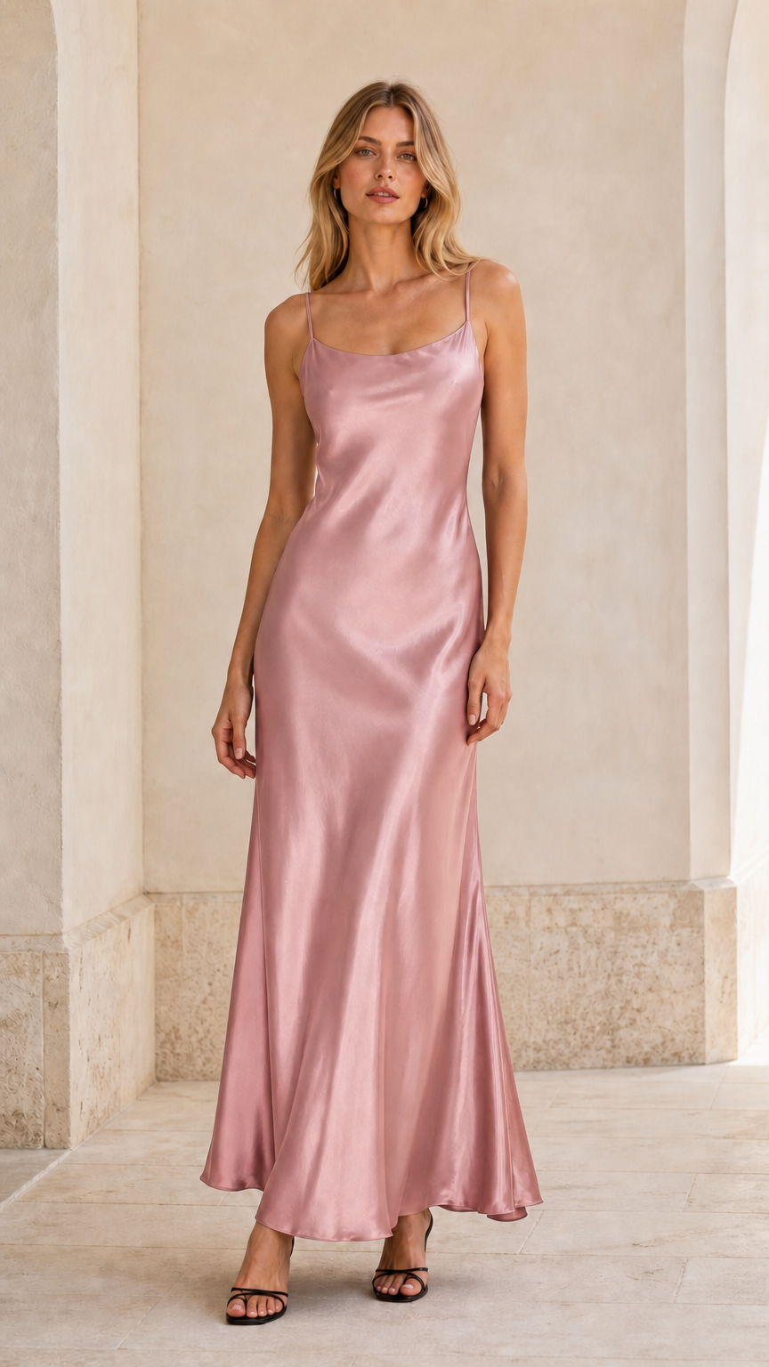 Front view of blush pink silky floor length slip dress