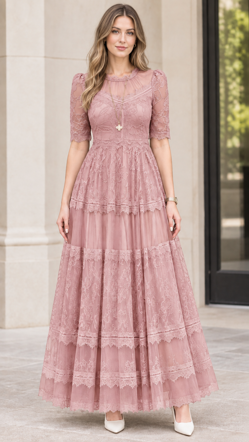 Front view of dusty rose pink lace tiered evening maxi dress