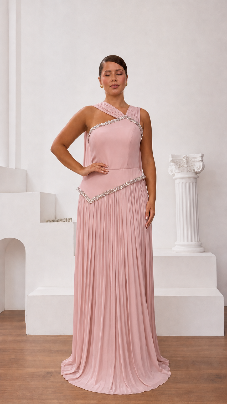 Blush pink one-shoulder pleated formal evening gown