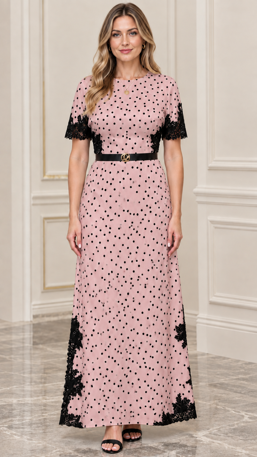 Dusty pink polka dot maxi dress with black lace trim and waist belt