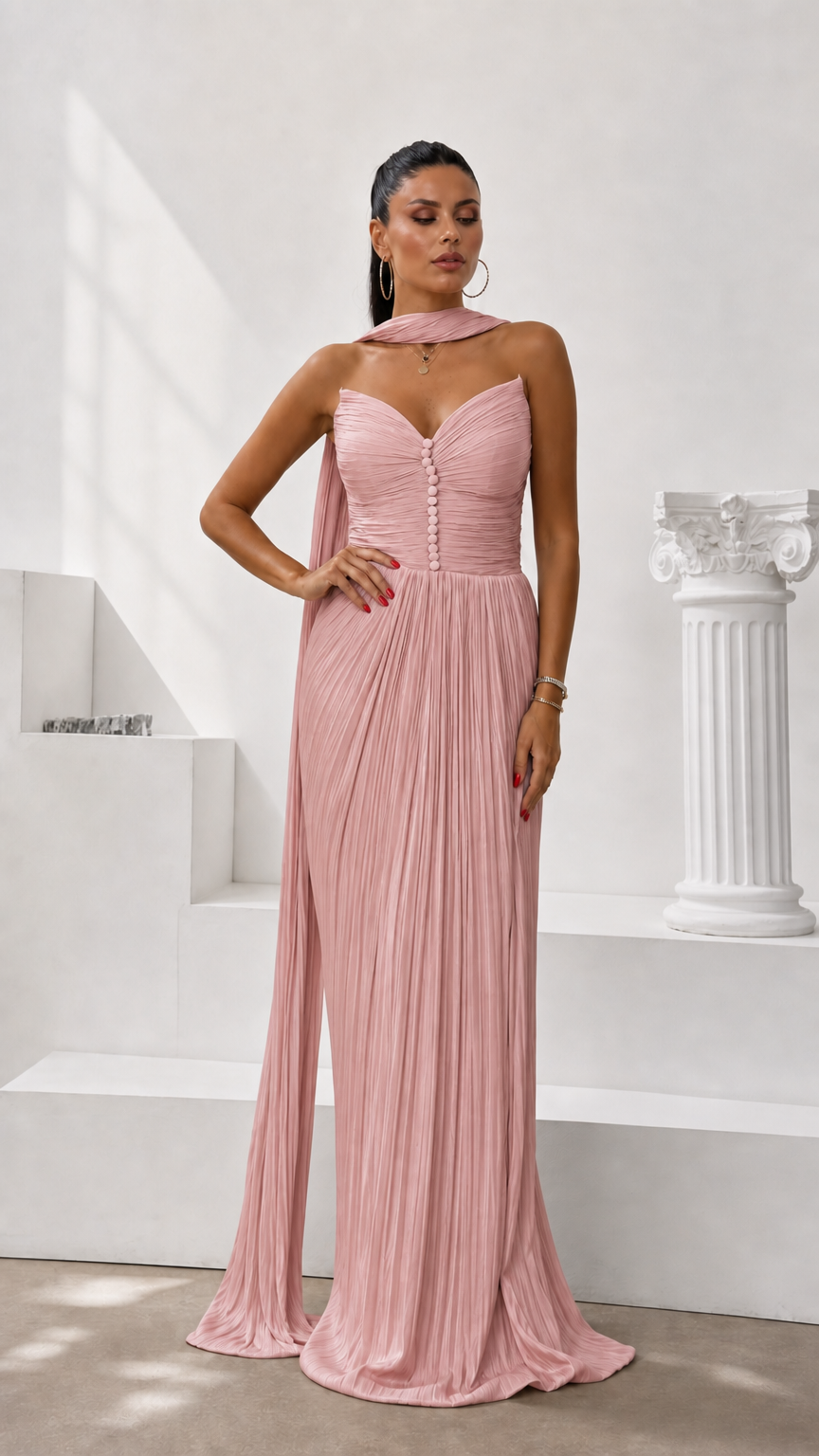 Blush pink strapless pleated maxi evening dress with neck scarf