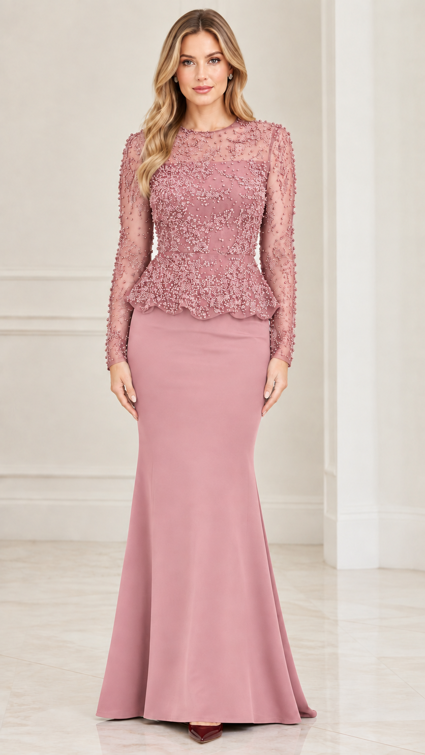 Front full-length view of model in dusty rose beaded peplum floor-length formal gown