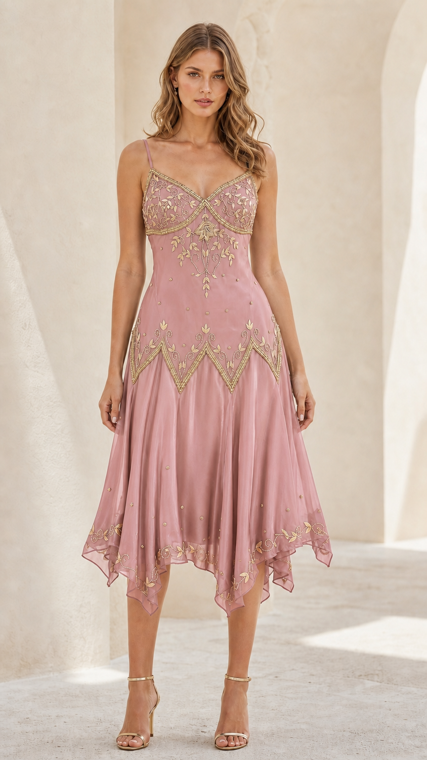 Front view of model wearing Dusty Rose beaded vintage style cocktail dress