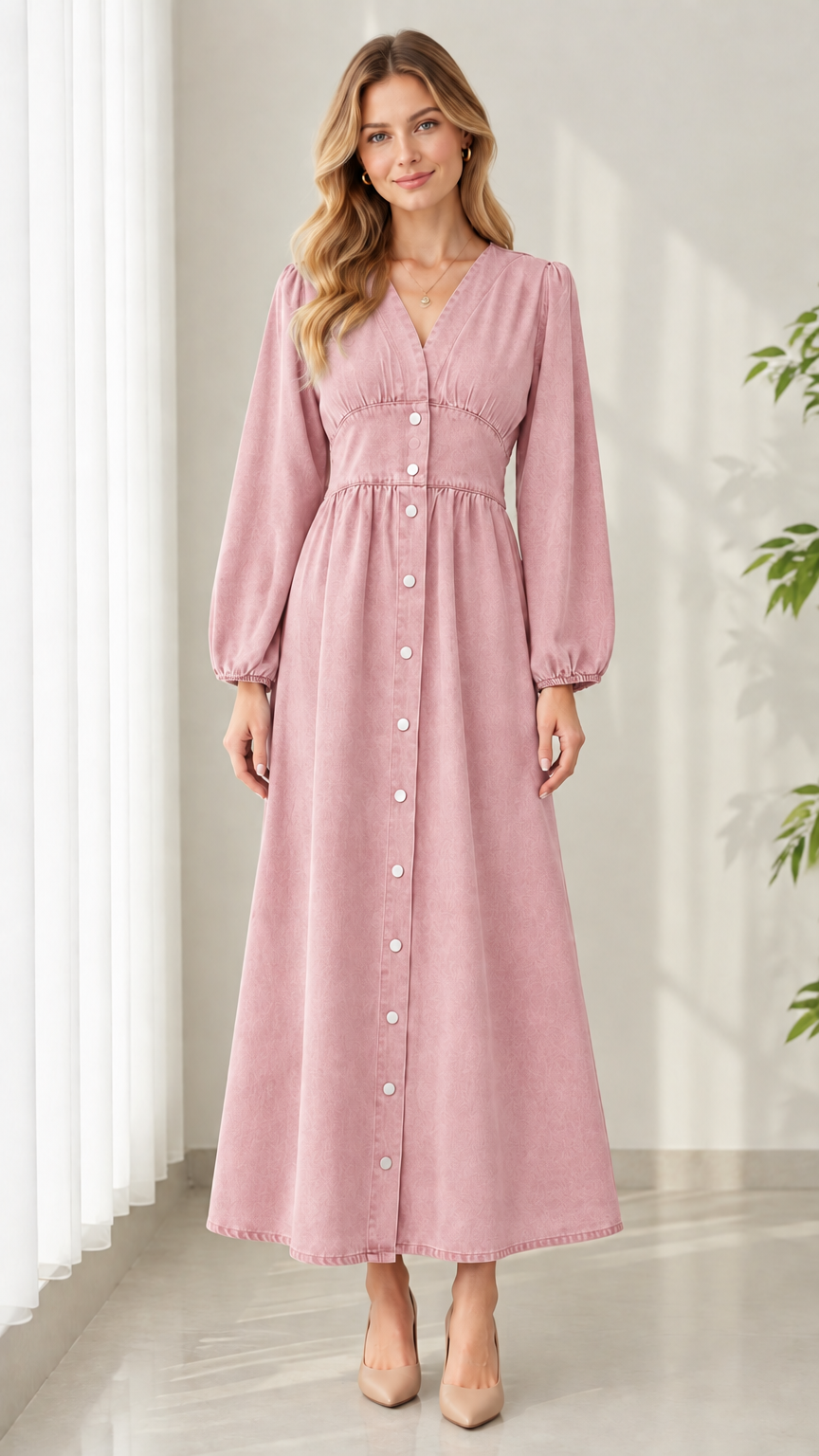 Front view of model wearing Dusty Pink long sleeve button-down denim maxi dress