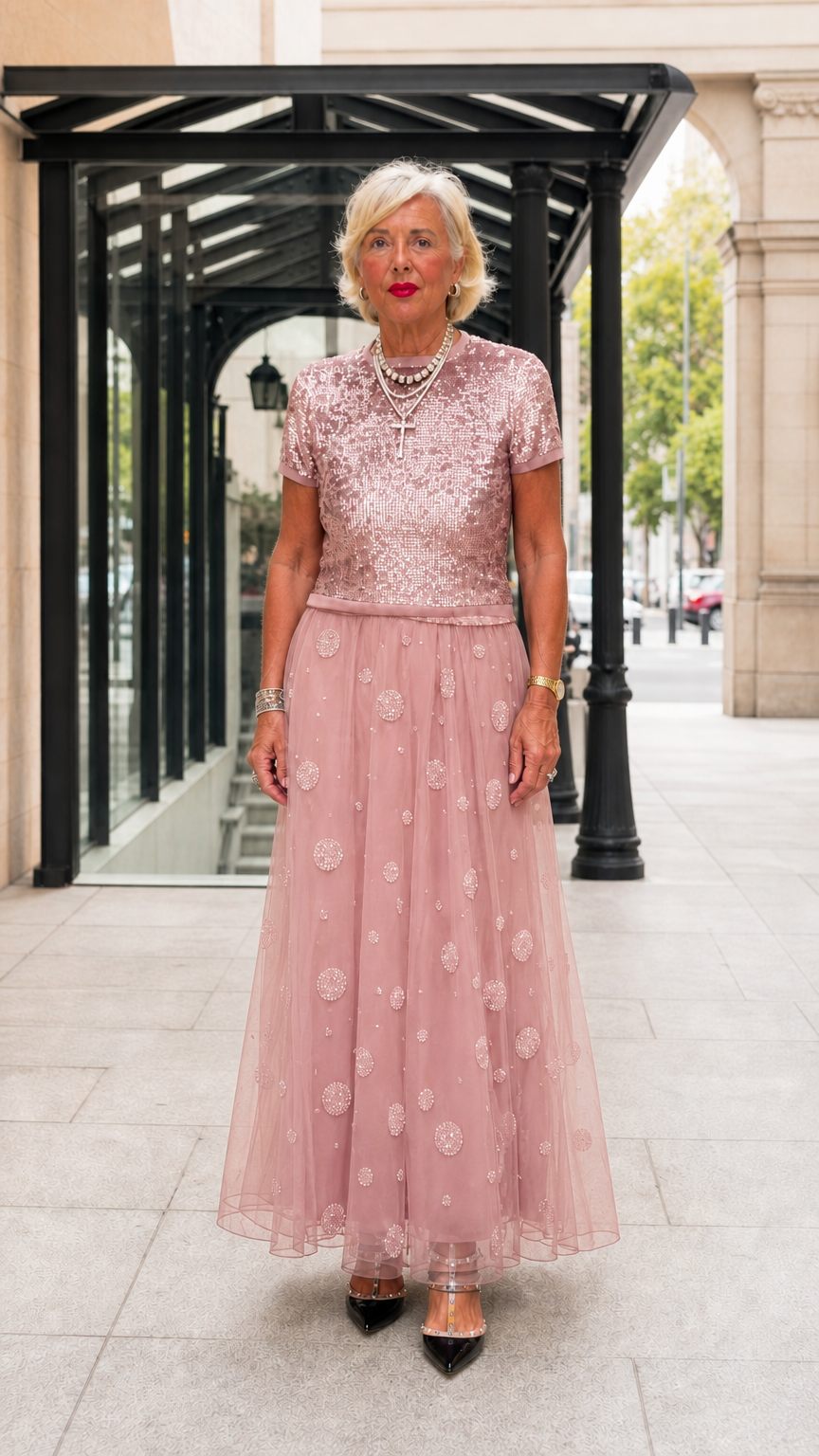Dusty rose sequin short-sleeve top and embellished tulle maxi skirt evening set