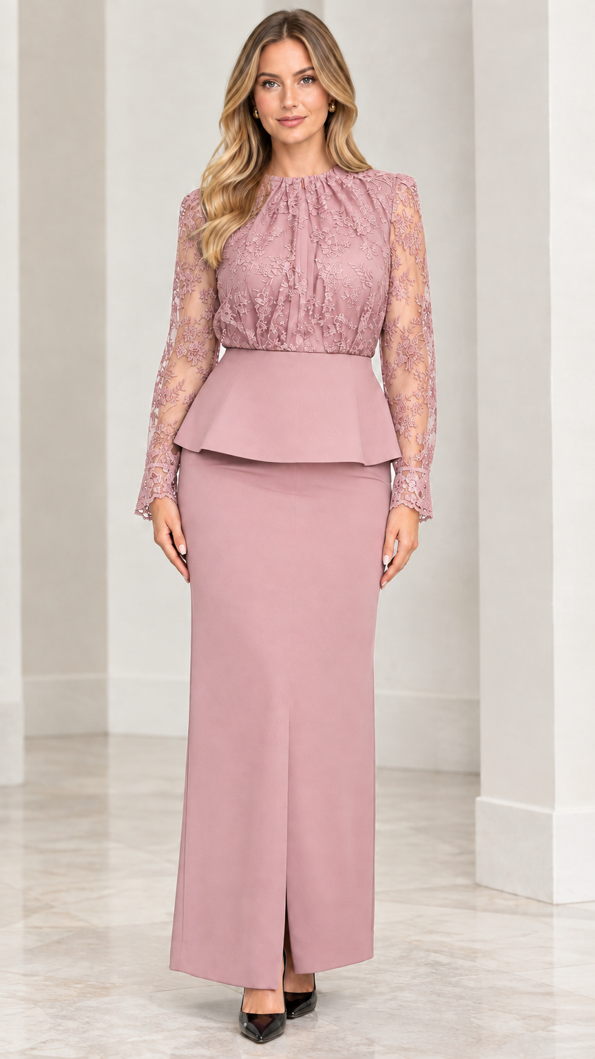 Model wearing dusty pink lace peplum top and maxi skirt formal two-piece set