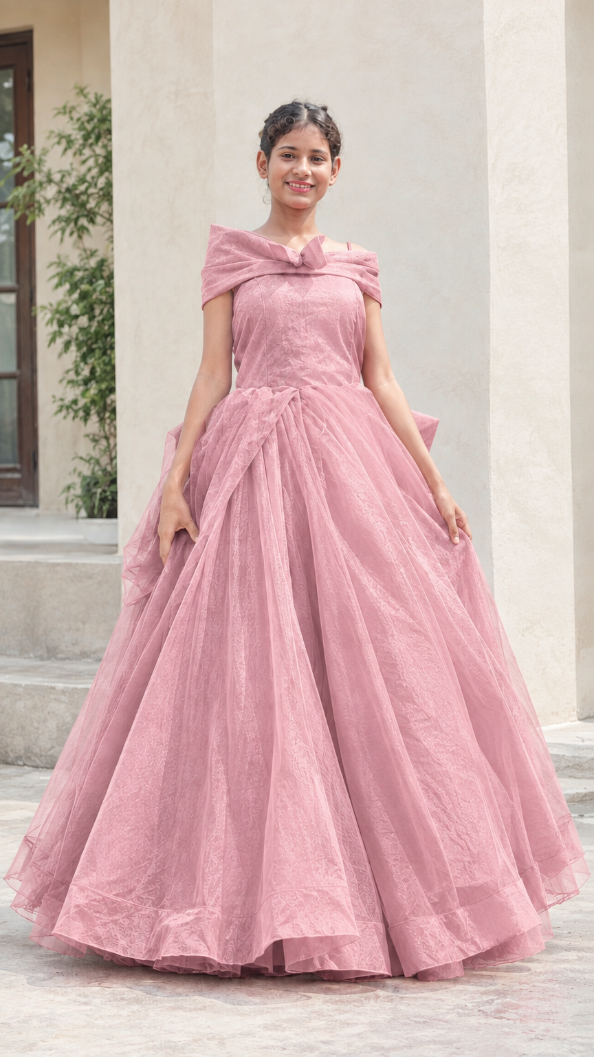 Front view of model wearing dusty pink tulle evening ball gown
