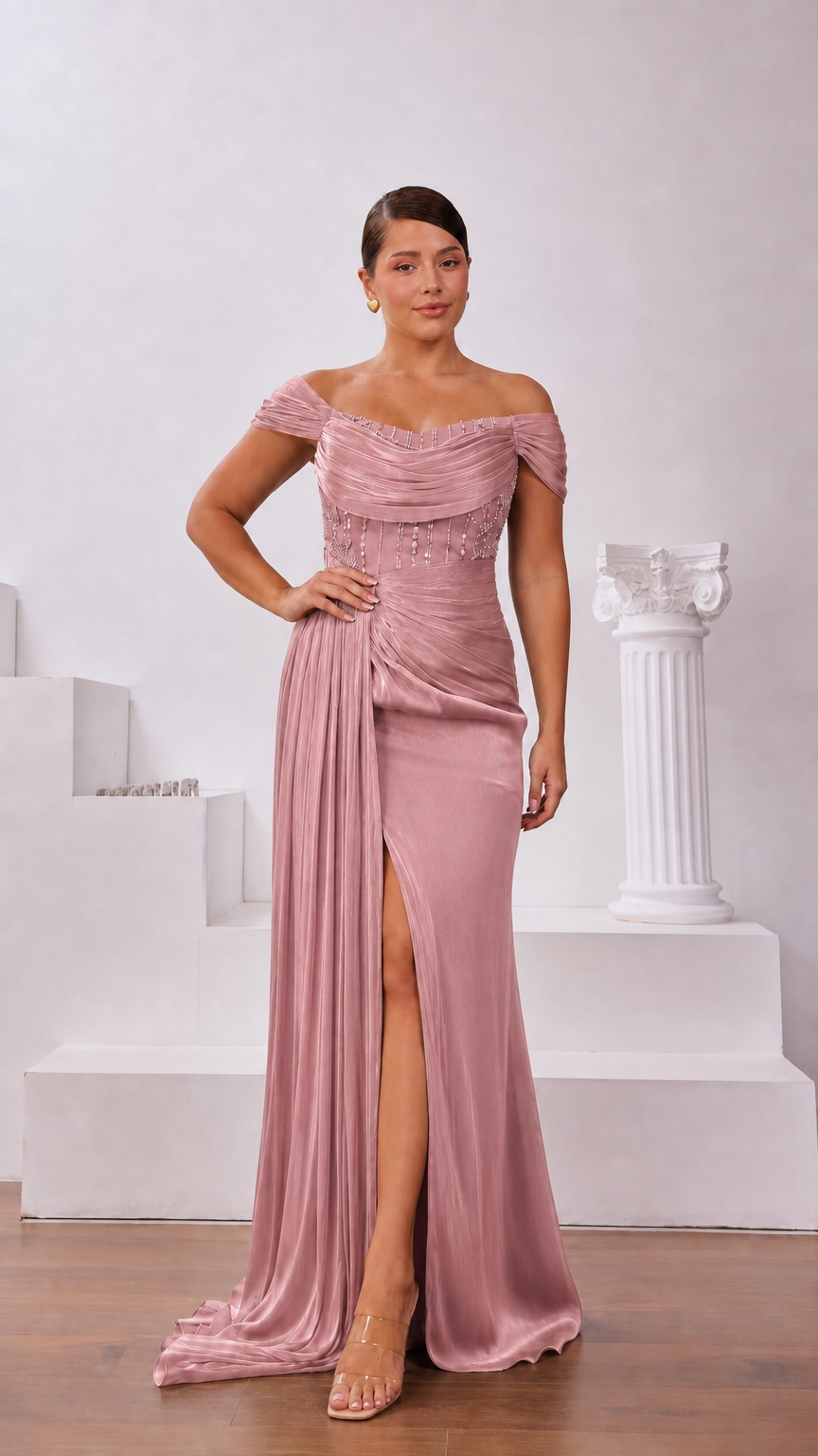 Dusty Rose off-the-shoulder formal gown with draped bodice and side slit