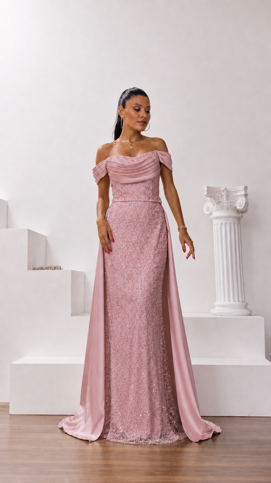 Dusty rose off-the-shoulder sequin evening gown with draped satin overskirt