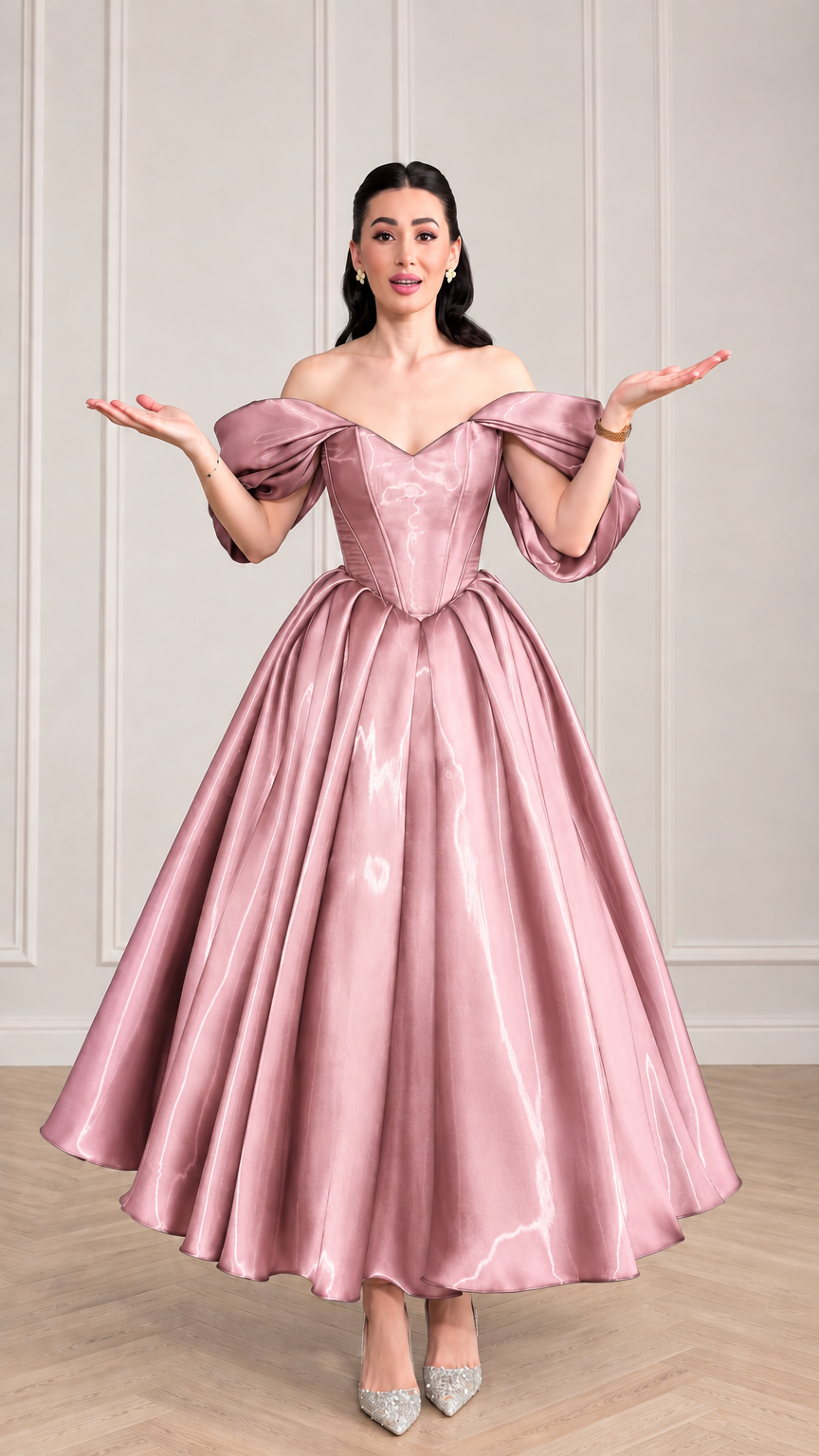 Woman wearing dusty pink sweetheart corset satin ball gown with puffed sleeves