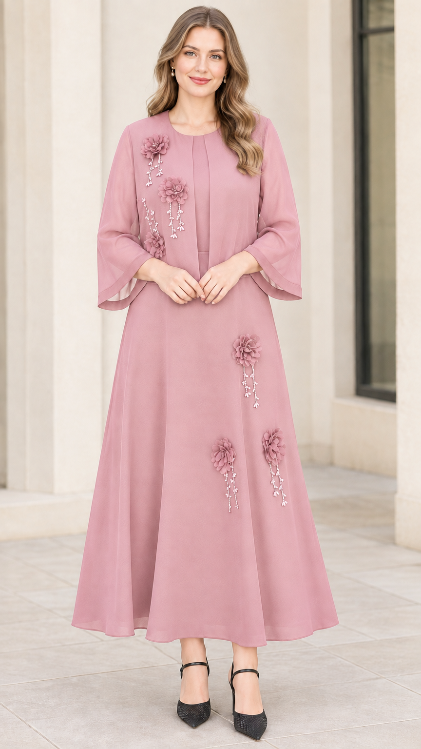 Full front view of dusty rose pink floral appliqué chiffon maxi dress set with sheer jacket