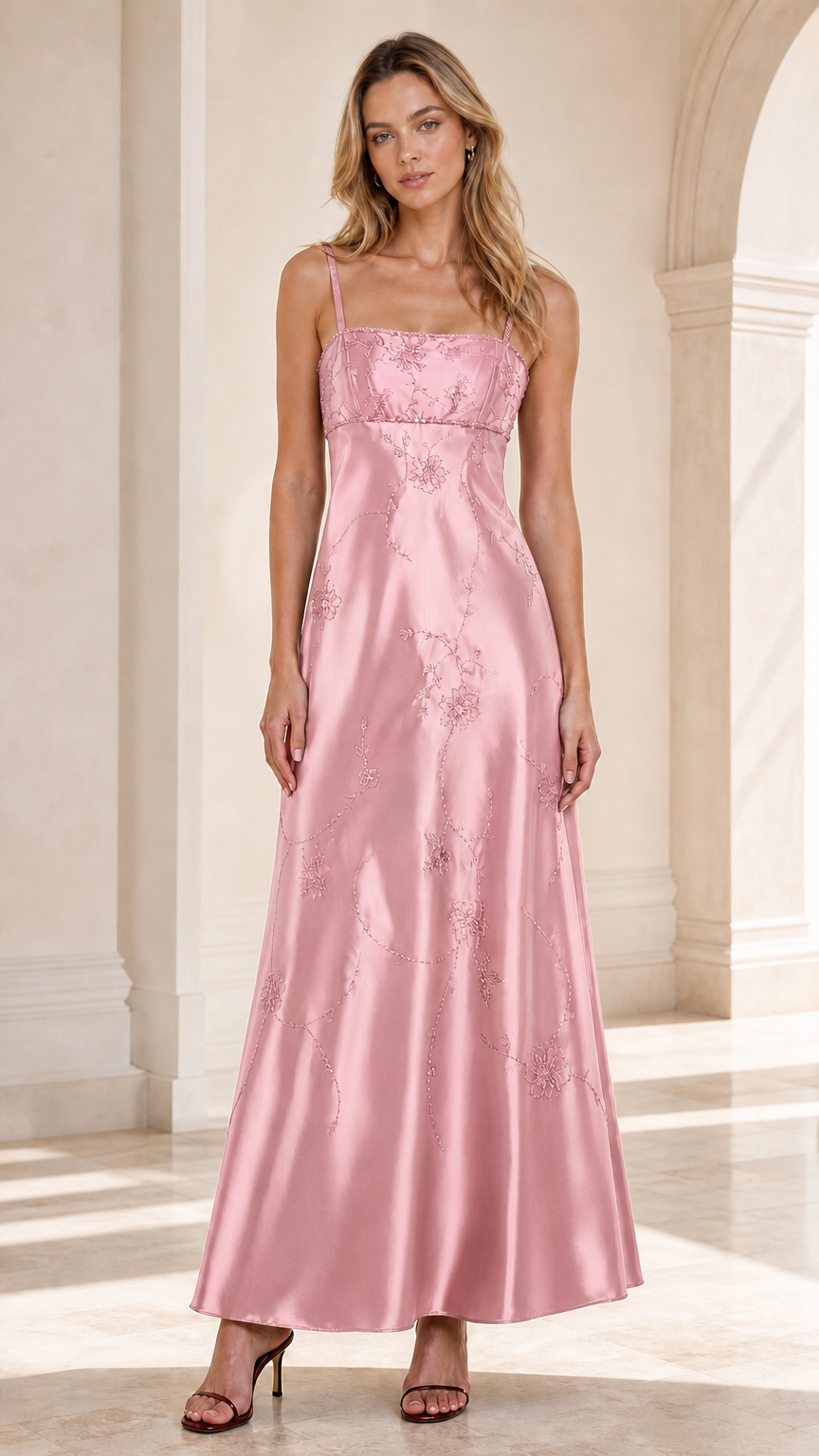 Front view of woman wearing Blush Pink embroidered satin maxi gown