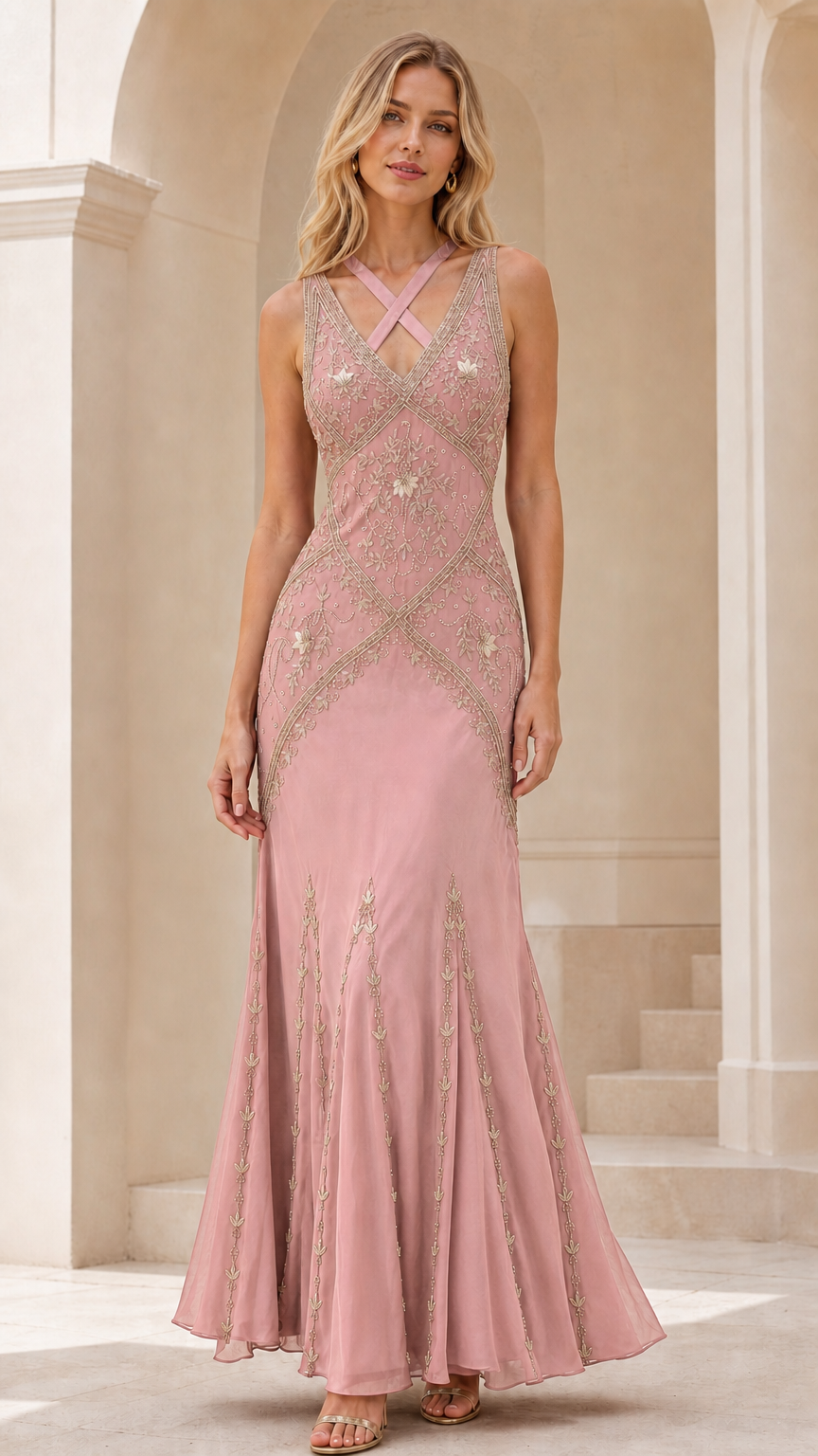 Front view of dusty pink embellished mermaid maxi formal dress