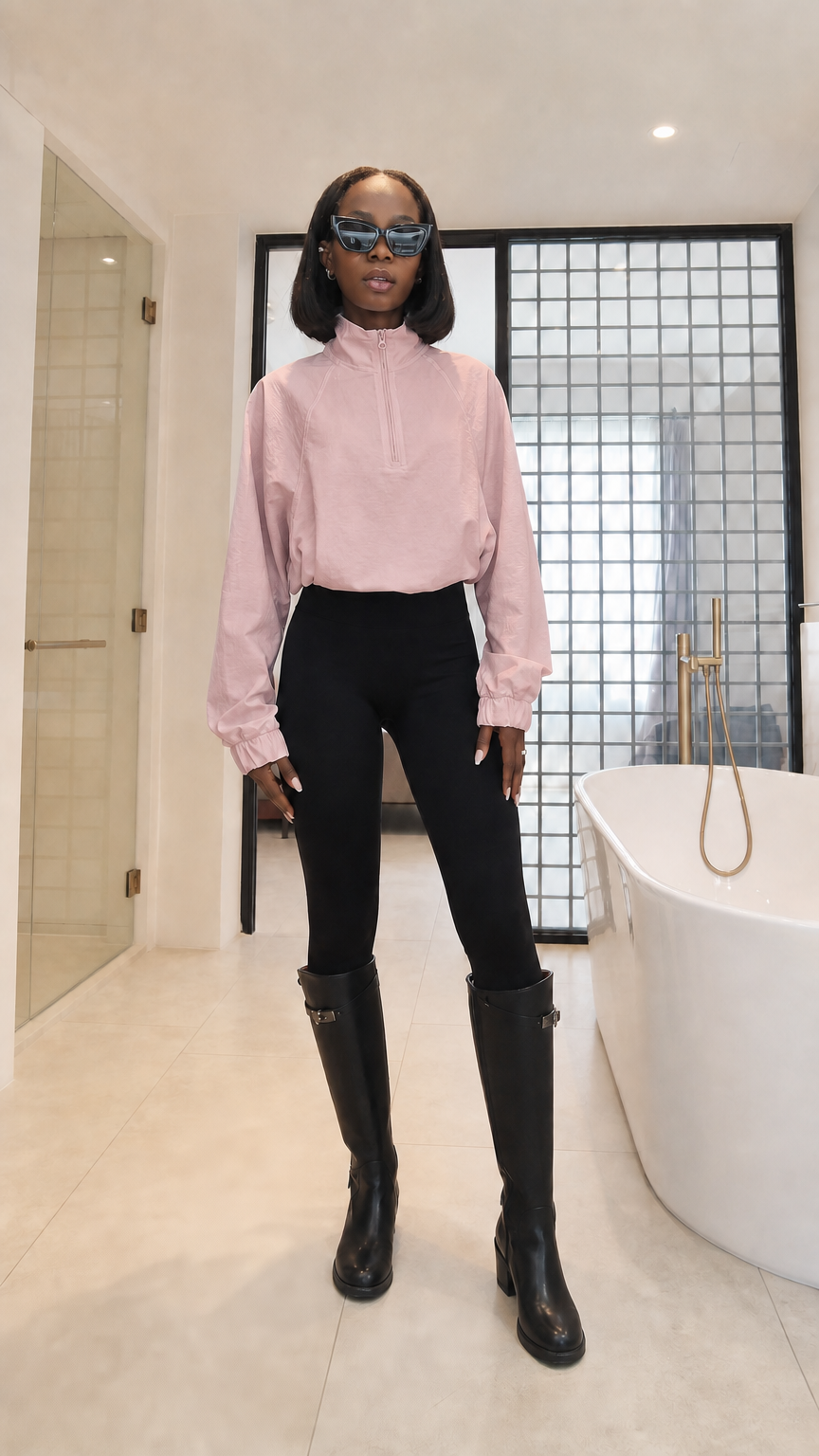 Woman wearing light pink half-zip windbreaker pullover with black leggings