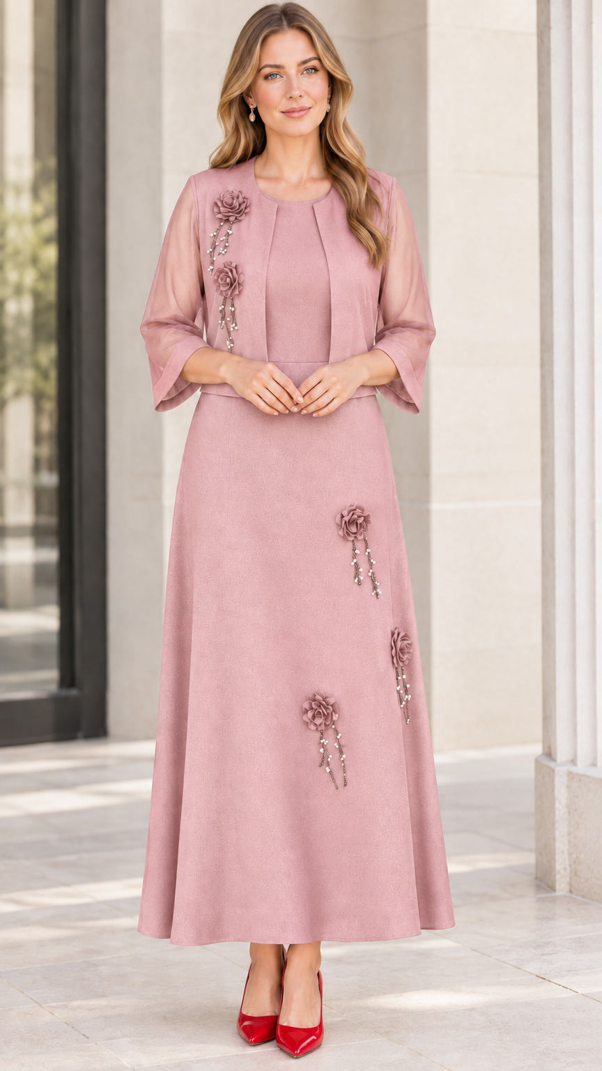 Dusty pink elegant two-piece wedding guest dress set with floral embroidery