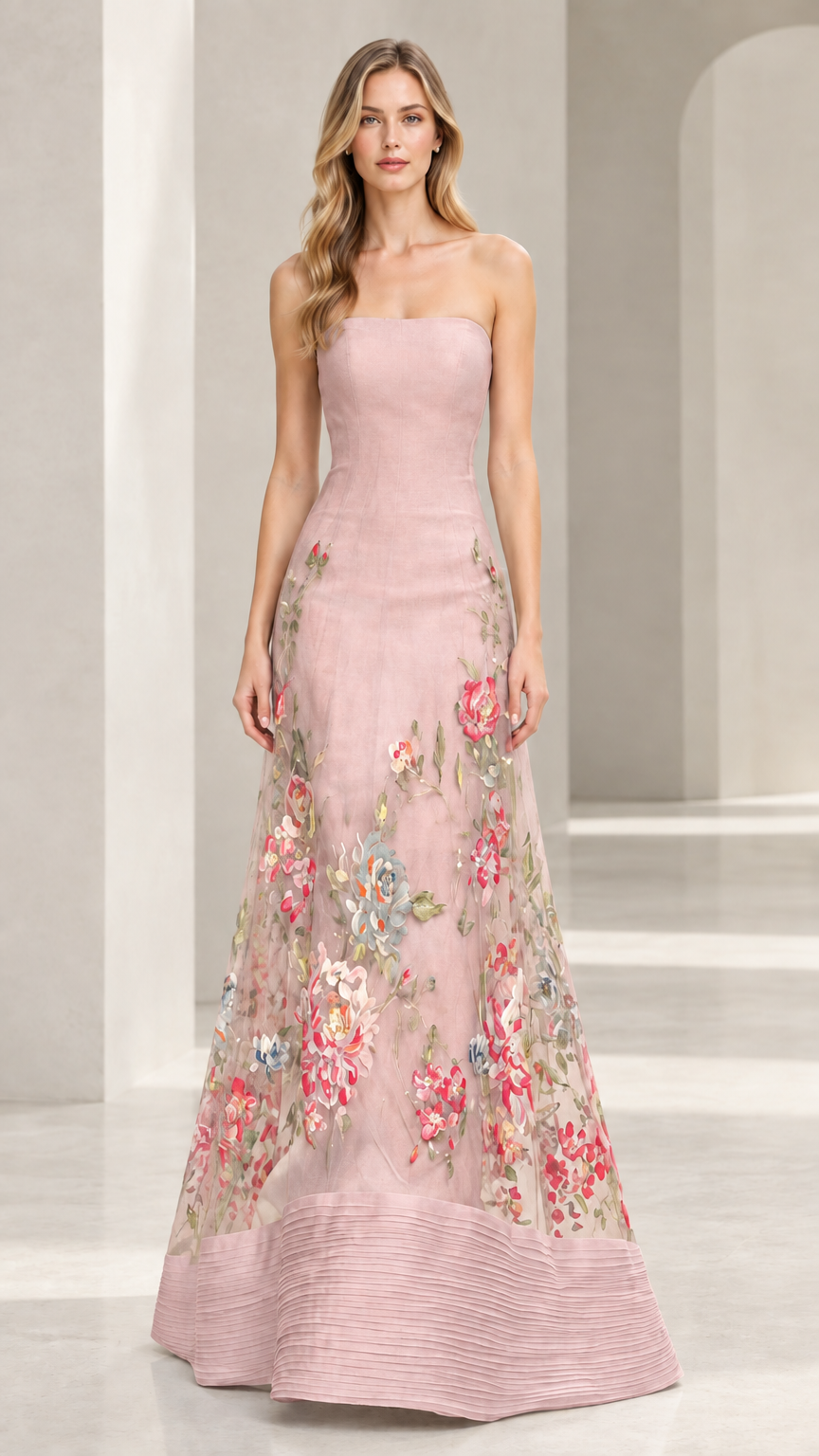 Full front view of dusty pink strapless floral embroidered evening gown