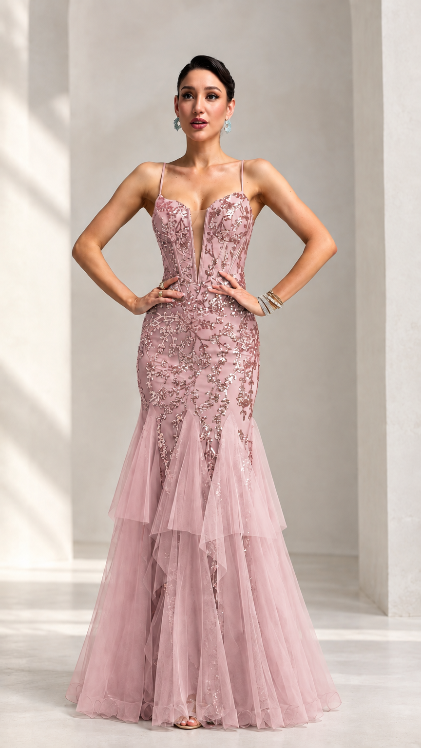 Front view of model wearing dusty pink sequin embroidered corset mermaid evening gown with tiered tulle skirt