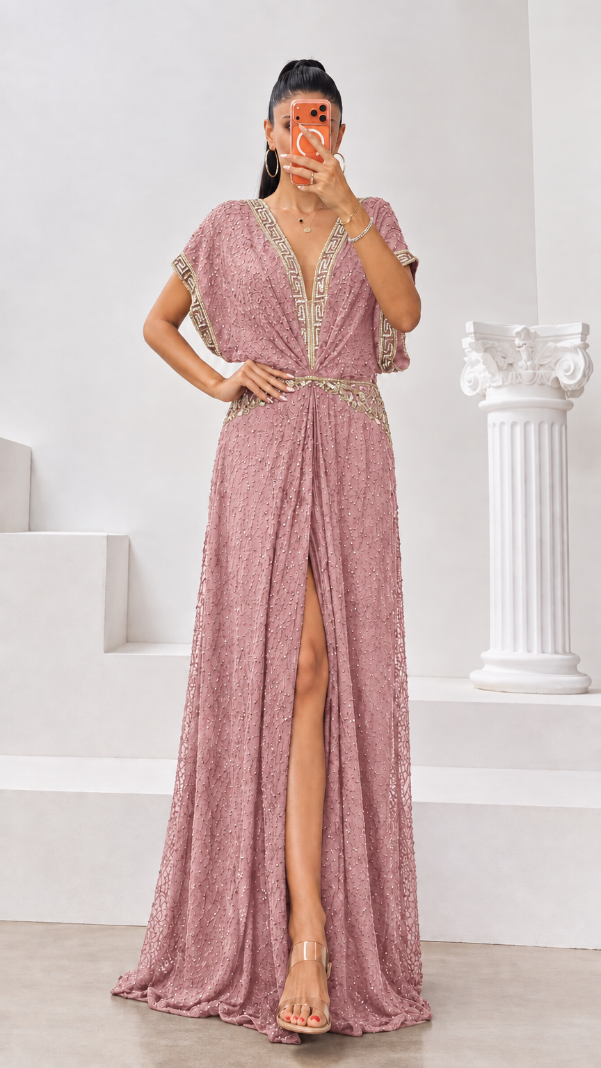 Dusty rose pink shimmer maxi dress with gold embroidered trim and front slit