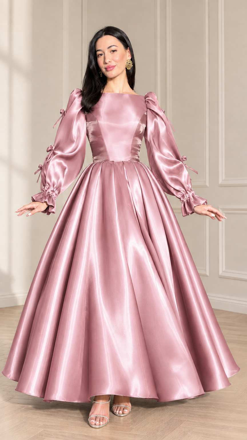 Front full-length view of dusty rose pink satin ball gown with puff sleeves