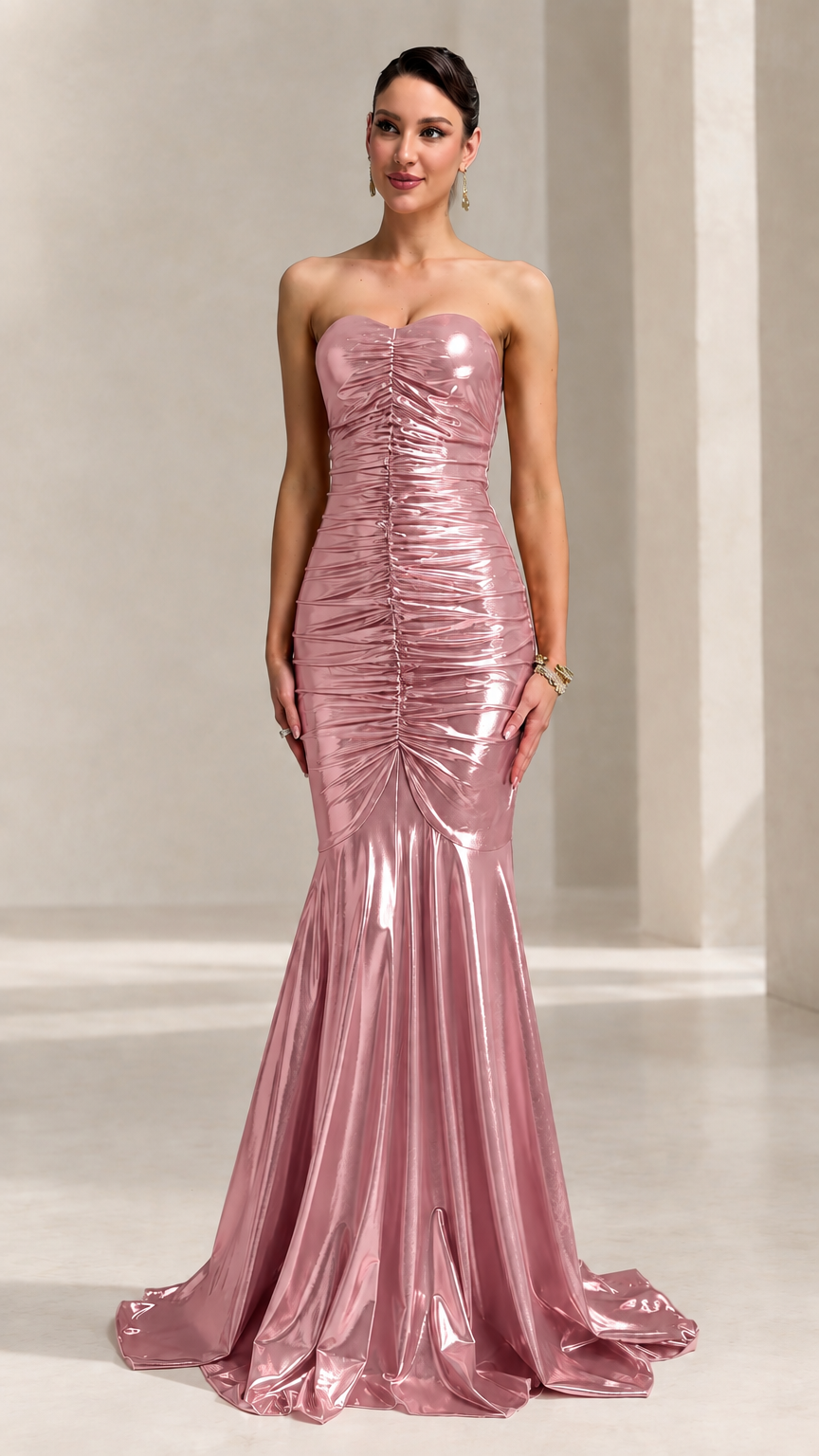 Front view of model wearing the strapless pink metallic ruched mermaid evening gown