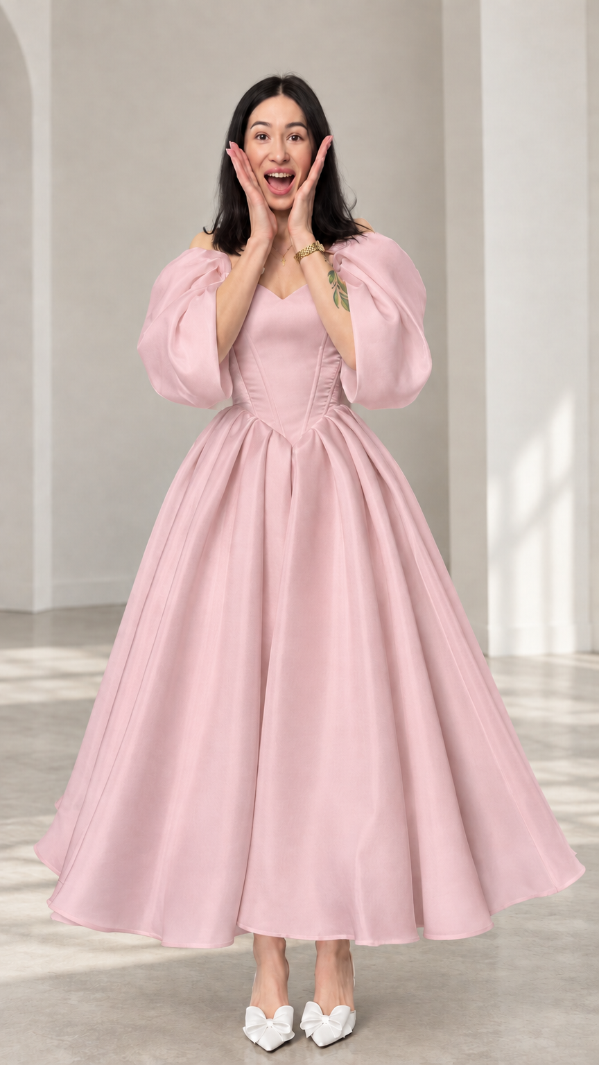 Front view of a woman wearing a soft pink off-shoulder puff sleeve evening dress