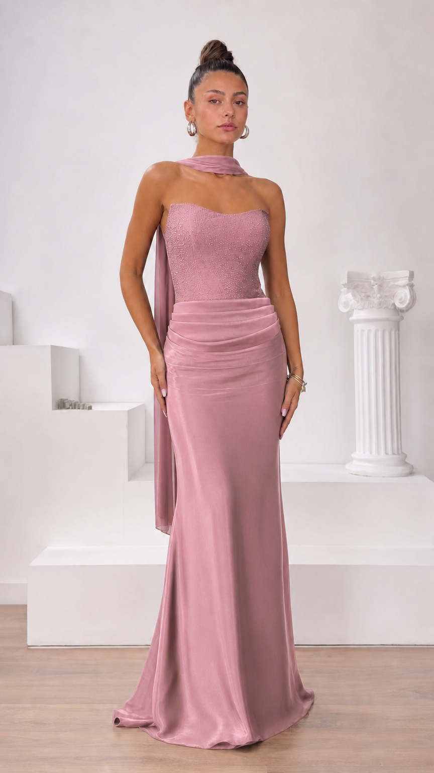 Dusty pink strapless beaded corset formal maxi dress with neck drape