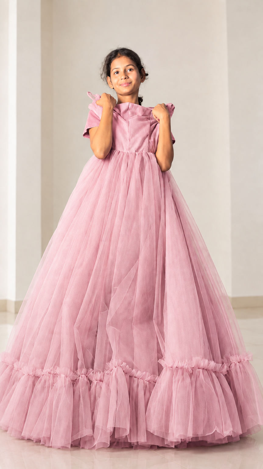 Front view of model showcasing dusty pink voluminous tulle evening dress
