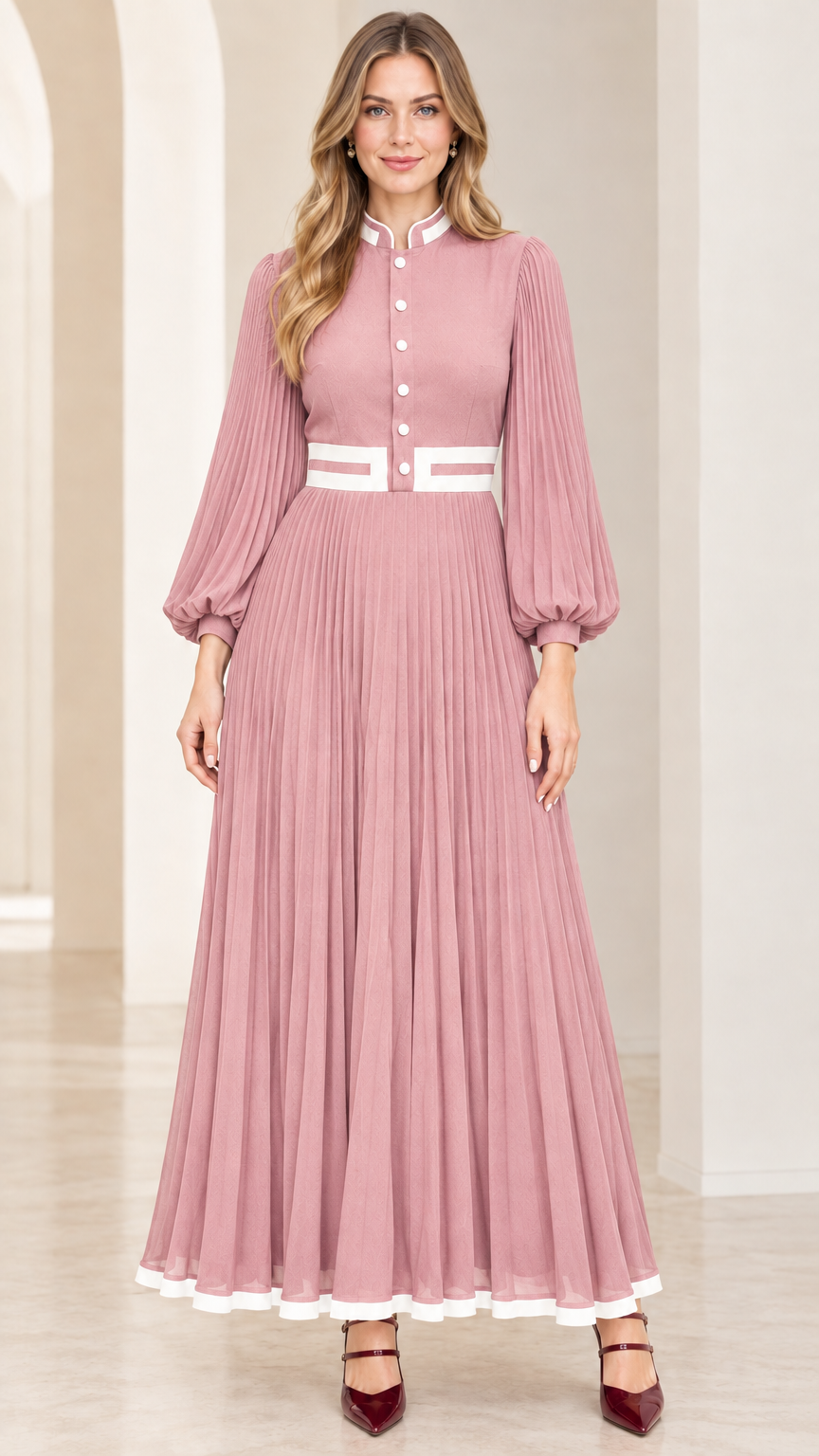 Front view of dusty pink long sleeve pleated maxi dress with white contrast waist and collar trim