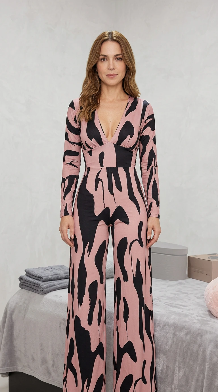 Front view of model wearing pink and black abstract print wide leg jumpsuit