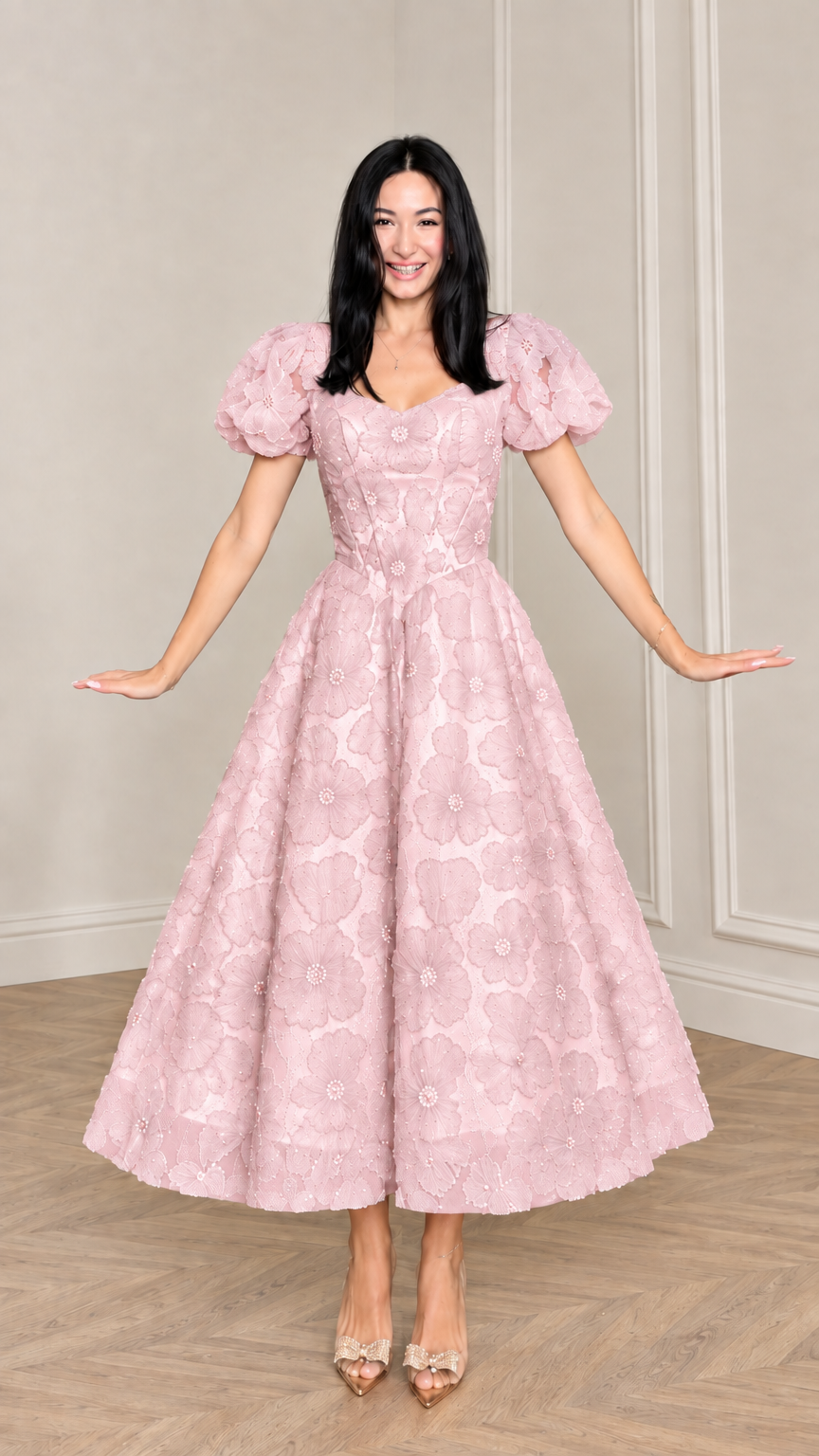 Front view of woman wearing Pink floral applique puff sleeve midi dress