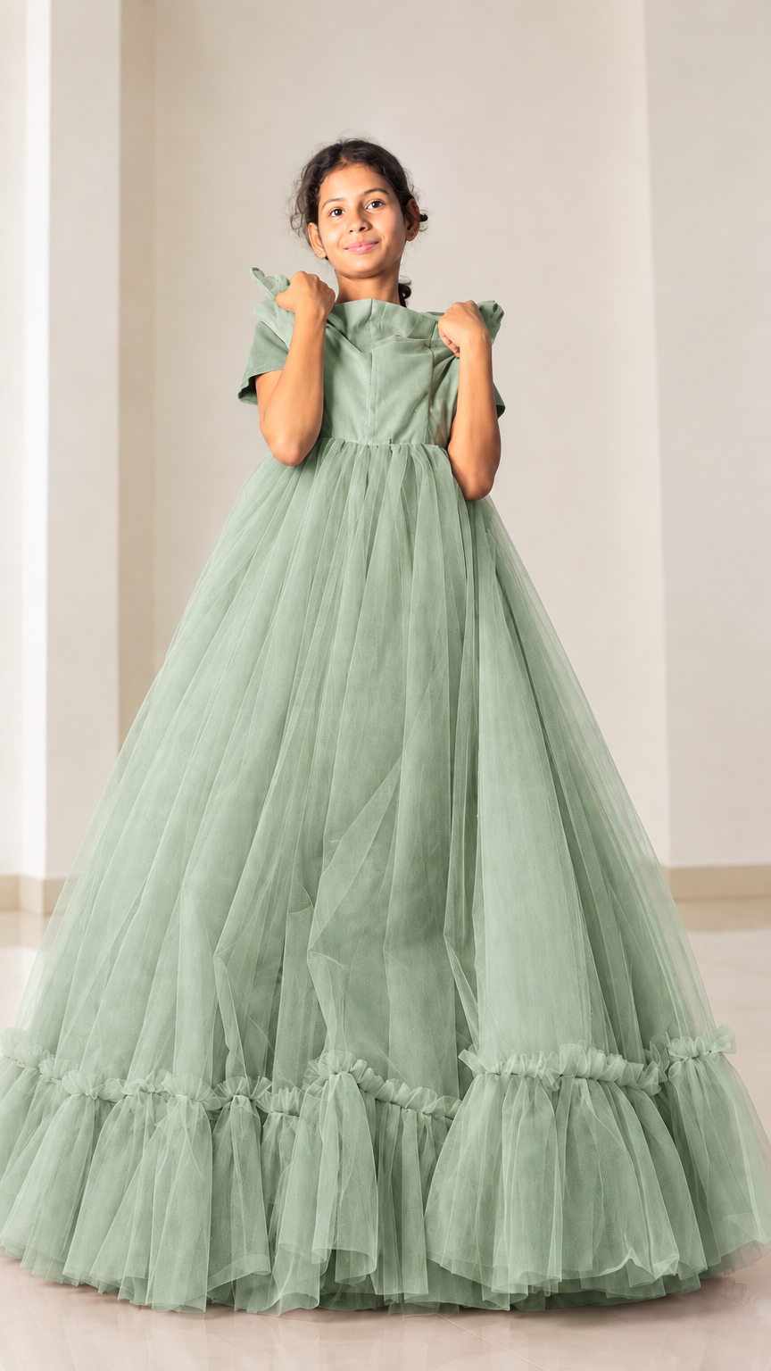 Front view of model in sage green tiered ruffle hem tulle ball gown