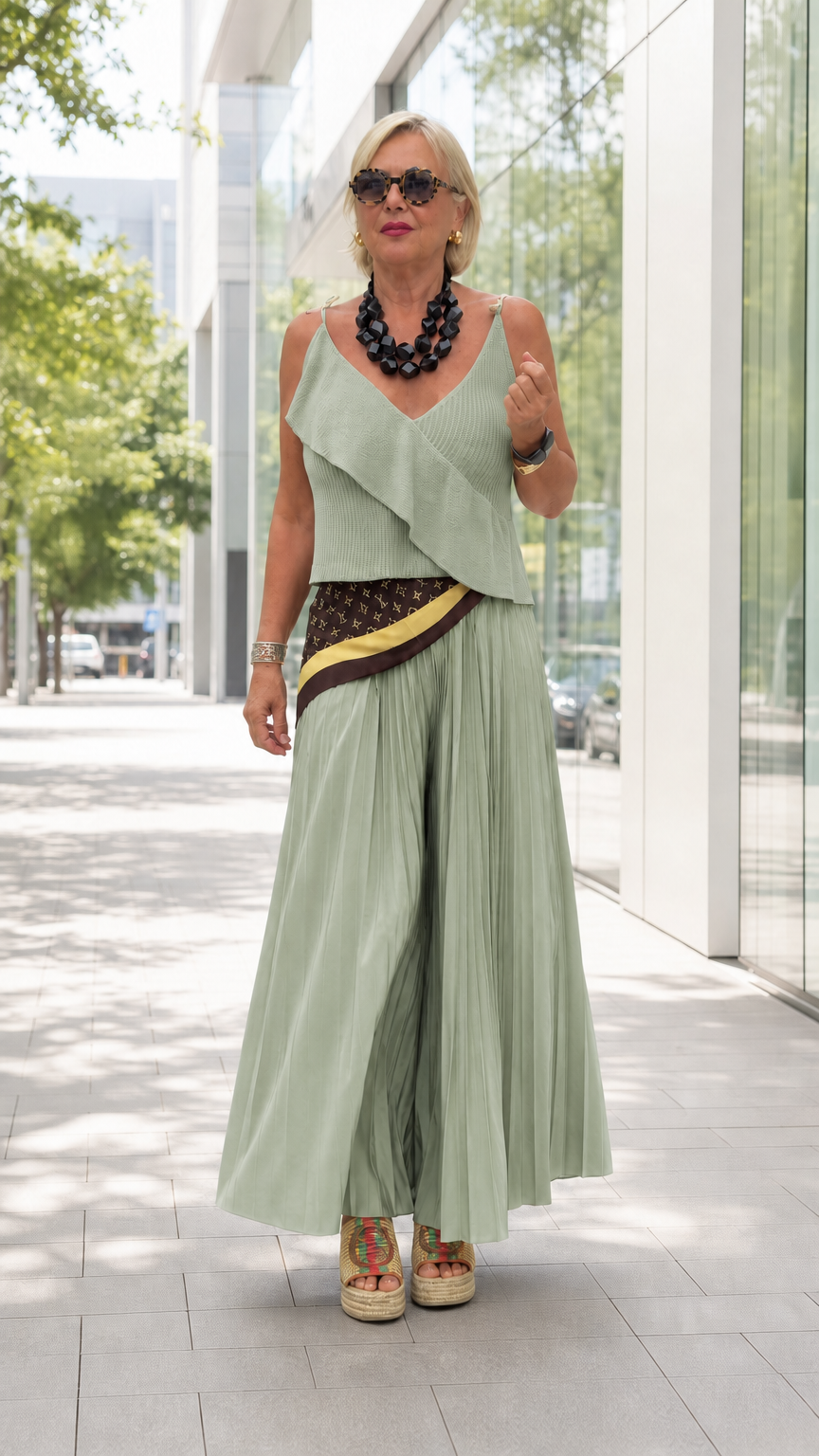 Full front view of sage green ruffle camisole and pleated wide-leg pants two-piece set