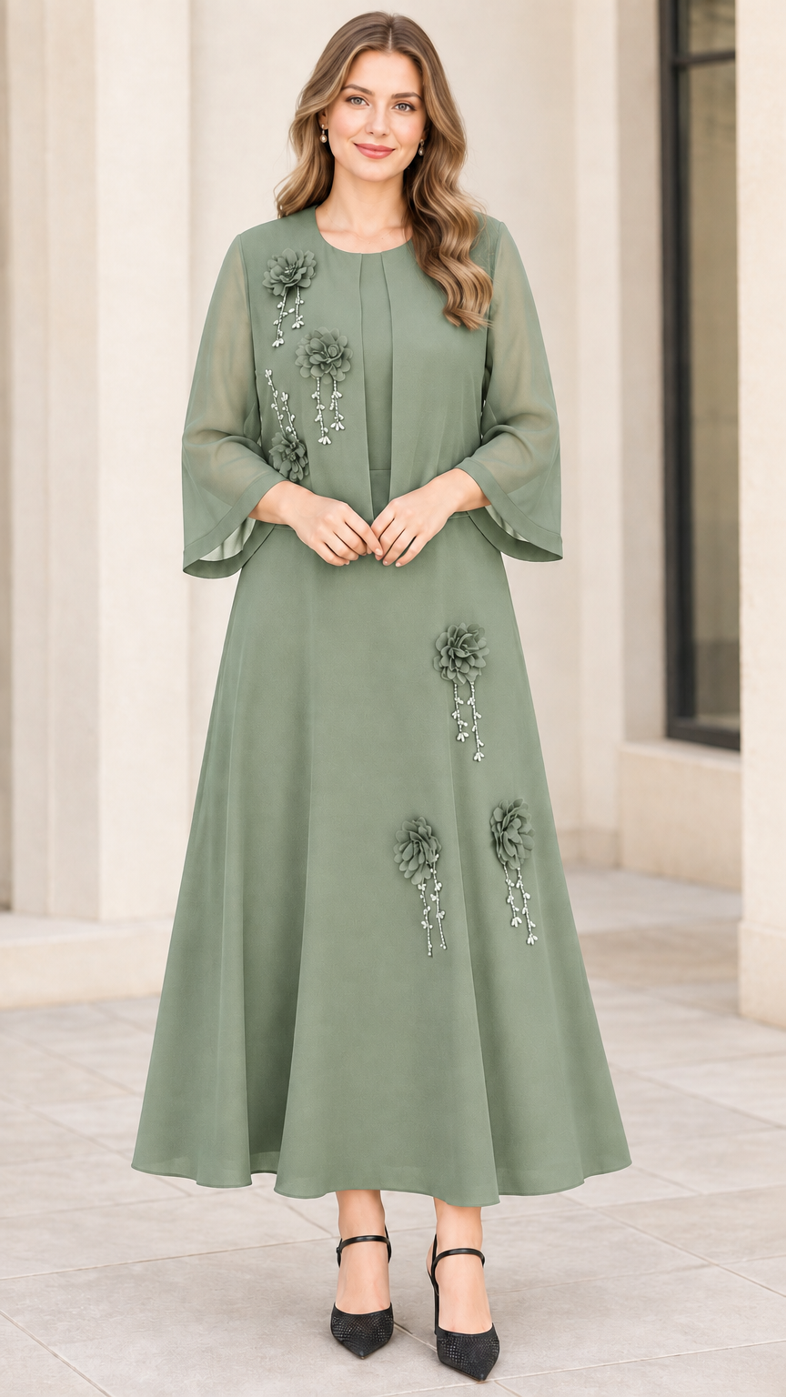 Full front view of sage green floral appliqué chiffon formal dress and jacket set