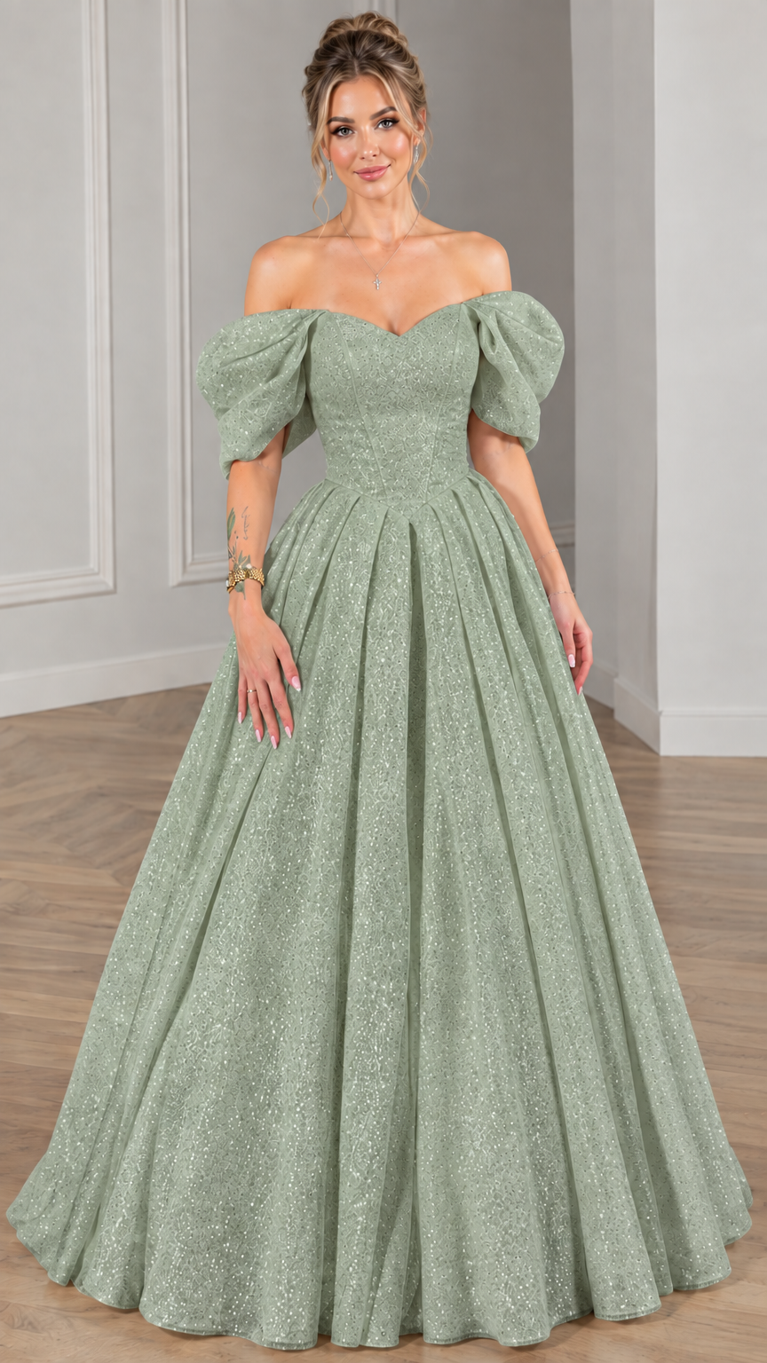 Model wearing sage green glitter sweetheart puff-sleeve ball gown