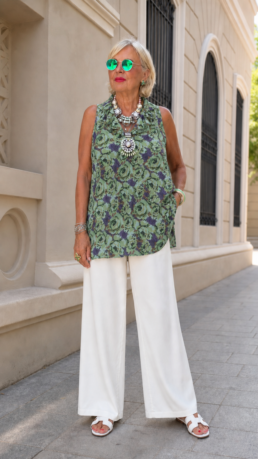Model wearing sage green floral print sleeveless mock neck blouse