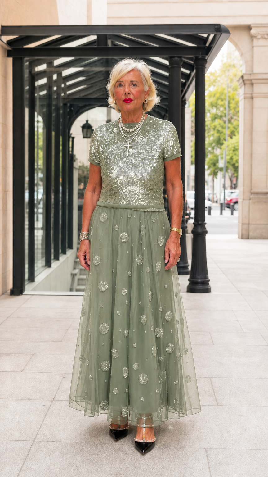 Sage green sequin top and polka dot tulle skirt two-piece formal set