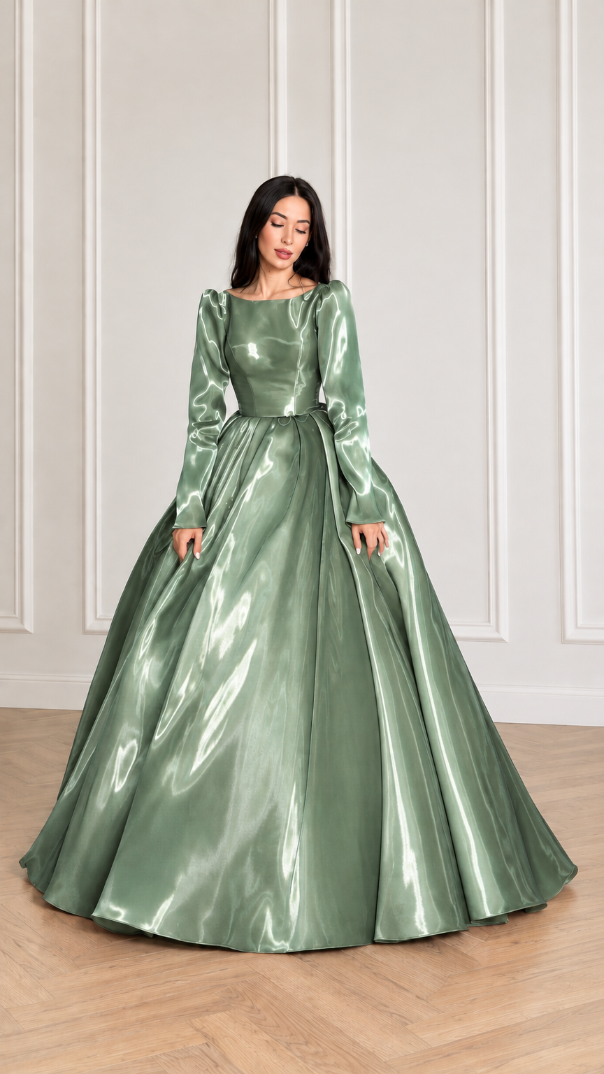 Front view of model wearing sage green glossy long sleeve satin ball gown