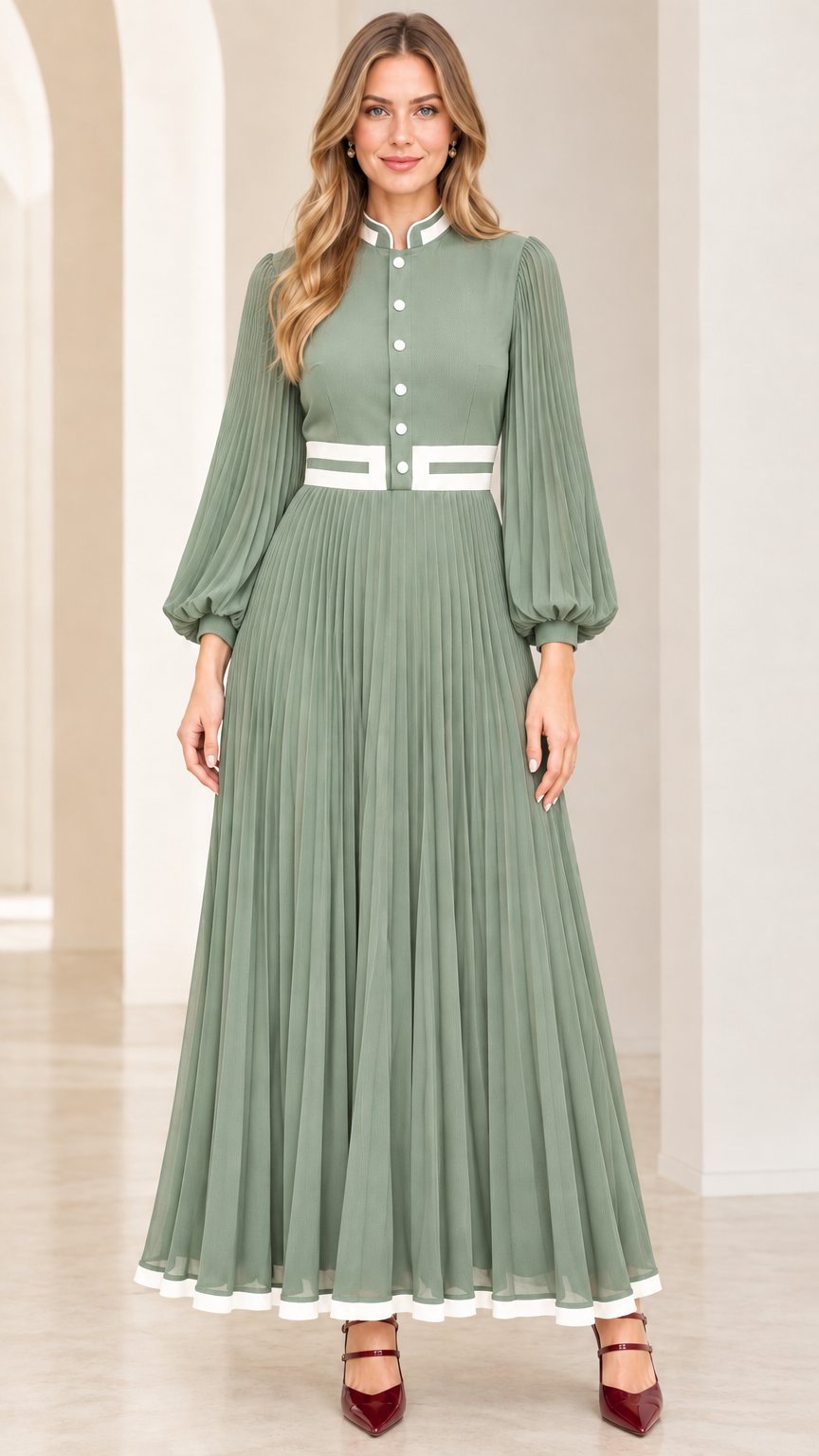 Front view of sage green long sleeve pleated maxi dress with white contrast piping